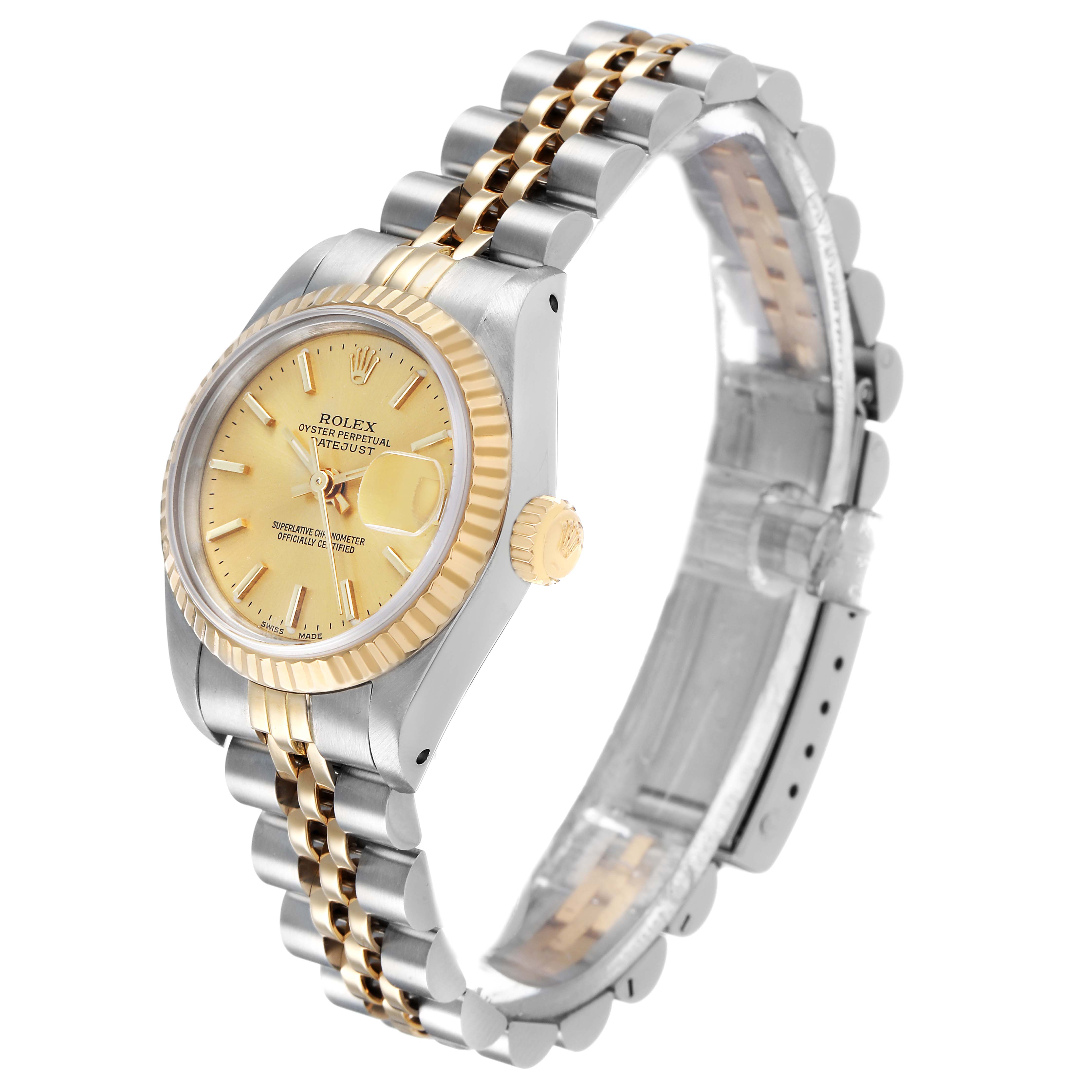 The Rolex Datejust 69173 Women's Steel and Gold (two tone) Champagne Dial watch is shown at a three-quarter angle, highlighting the case, bracelet, and crown.