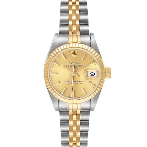 The Rolex Datejust 69173 Women's Steel and Gold (two tone) Champagne Dial watch is shown from the front, featuring a gold dial, fluted bezel, and two-tone Jubilee bracelet.