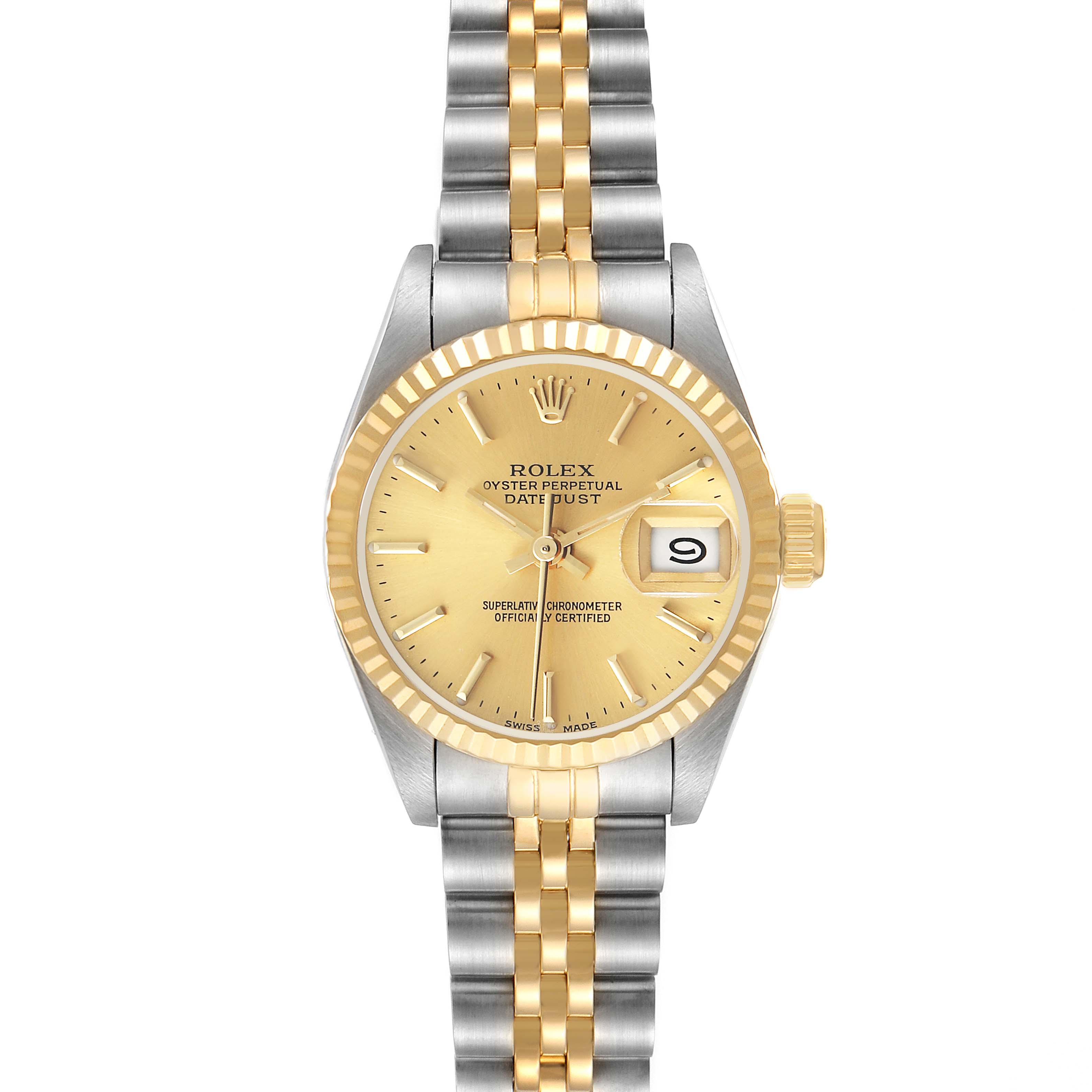 The Rolex Datejust 69173 Women's Steel and Gold (two tone) Champagne Dial watch is shown from a front angle, highlighting the dial, bezel, crown, and two-tone bracelet.