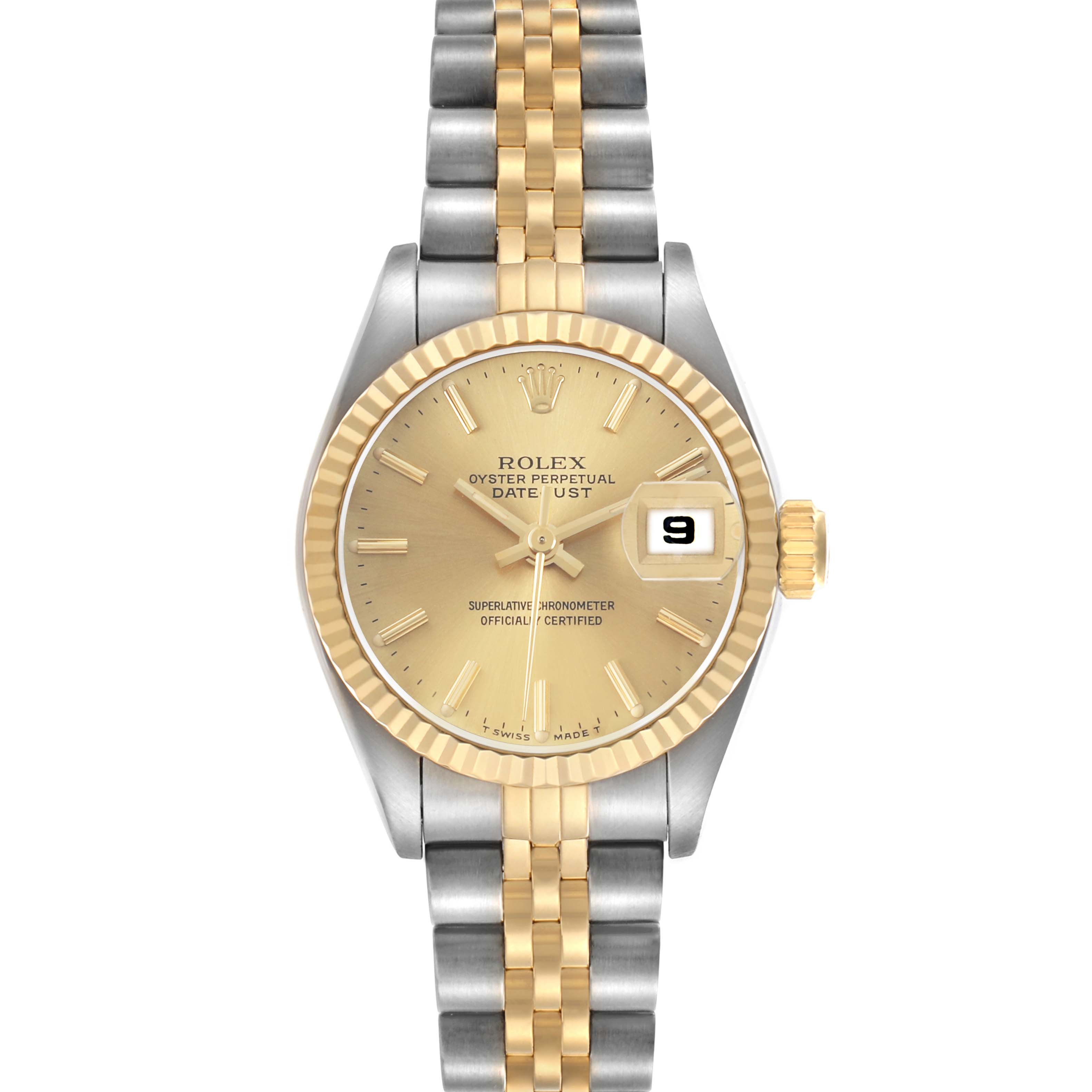The Rolex Datejust 69173 Women's Steel and Gold (two tone) Champagne Dial watch is shown from the front, highlighting its gold dial, fluted bezel, and two-tone bracelet.