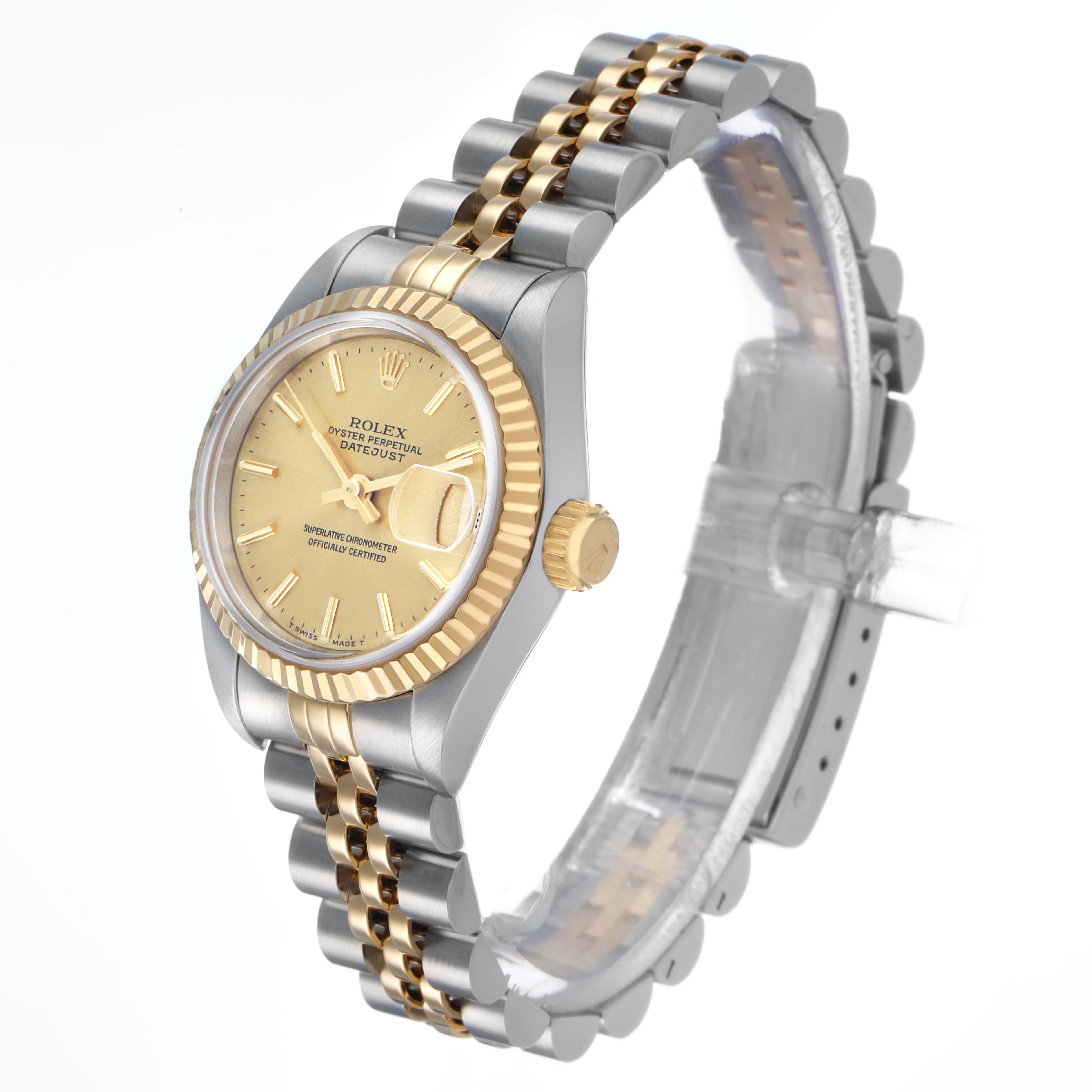 The Rolex Datejust 69173 Women's Steel and Gold (two tone) Champagne Dial watch is shown in a three-quarter view, displaying the dial, bezel, crown, and part of the bracelet.