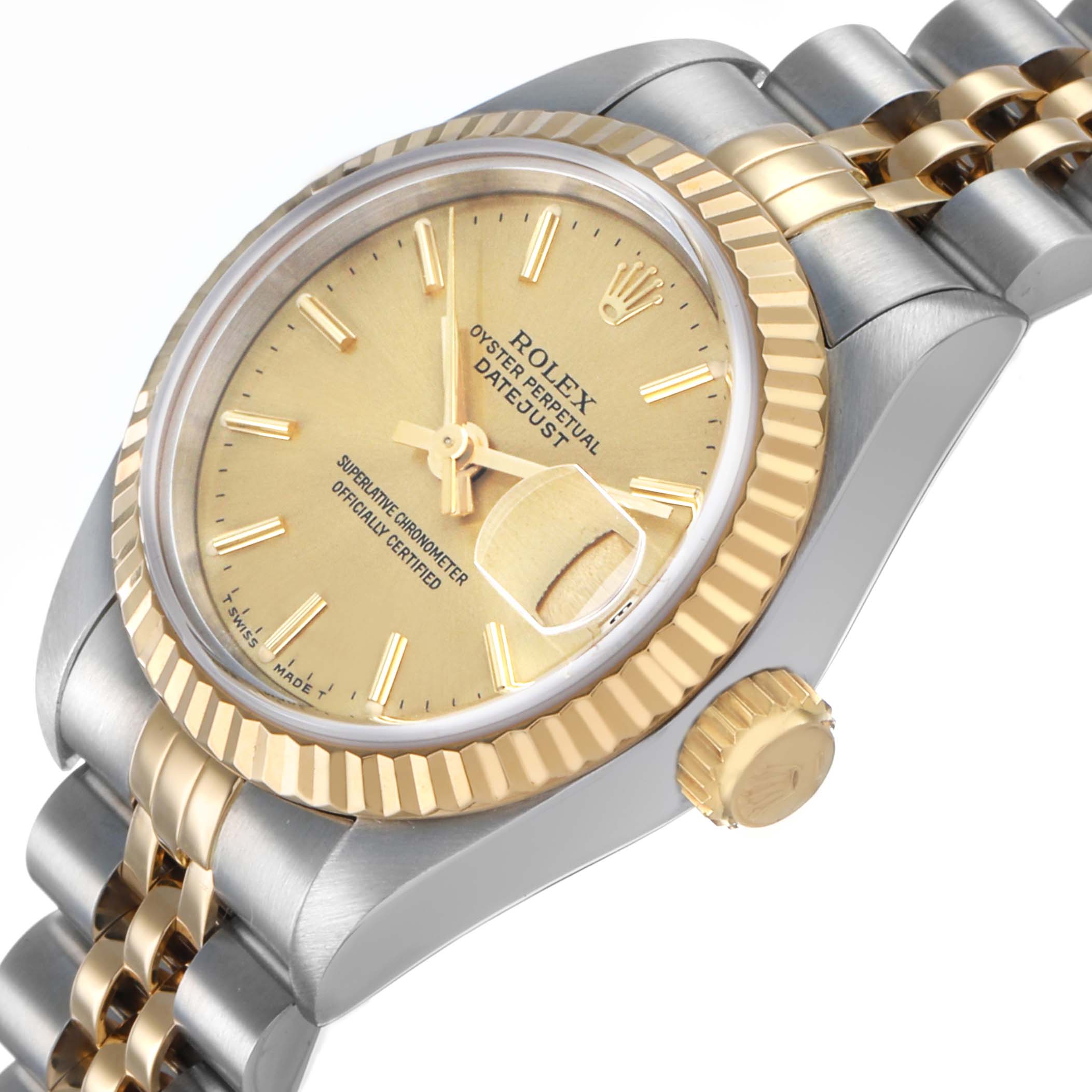 The Rolex Datejust 69173 Women's Steel and Gold (two tone) Champagne Dial watch is shown at an angle highlighting the face, gold bezel, and a portion of the metal bracelet.