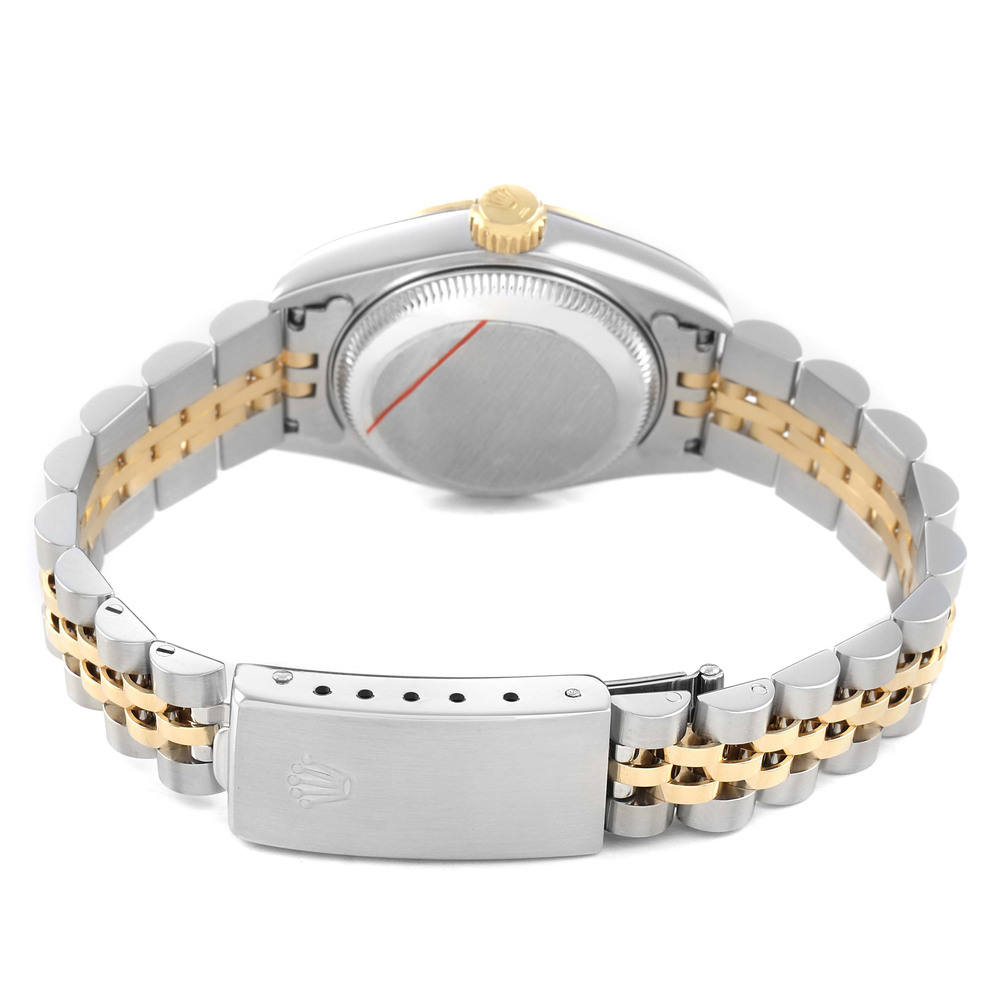 The image shows the back view of a Rolex Datejust 69173 Women's Steel and Gold (two tone) Champagne Dial watch, highlighting the case back, crown, and two-tone bracelet with clasp.