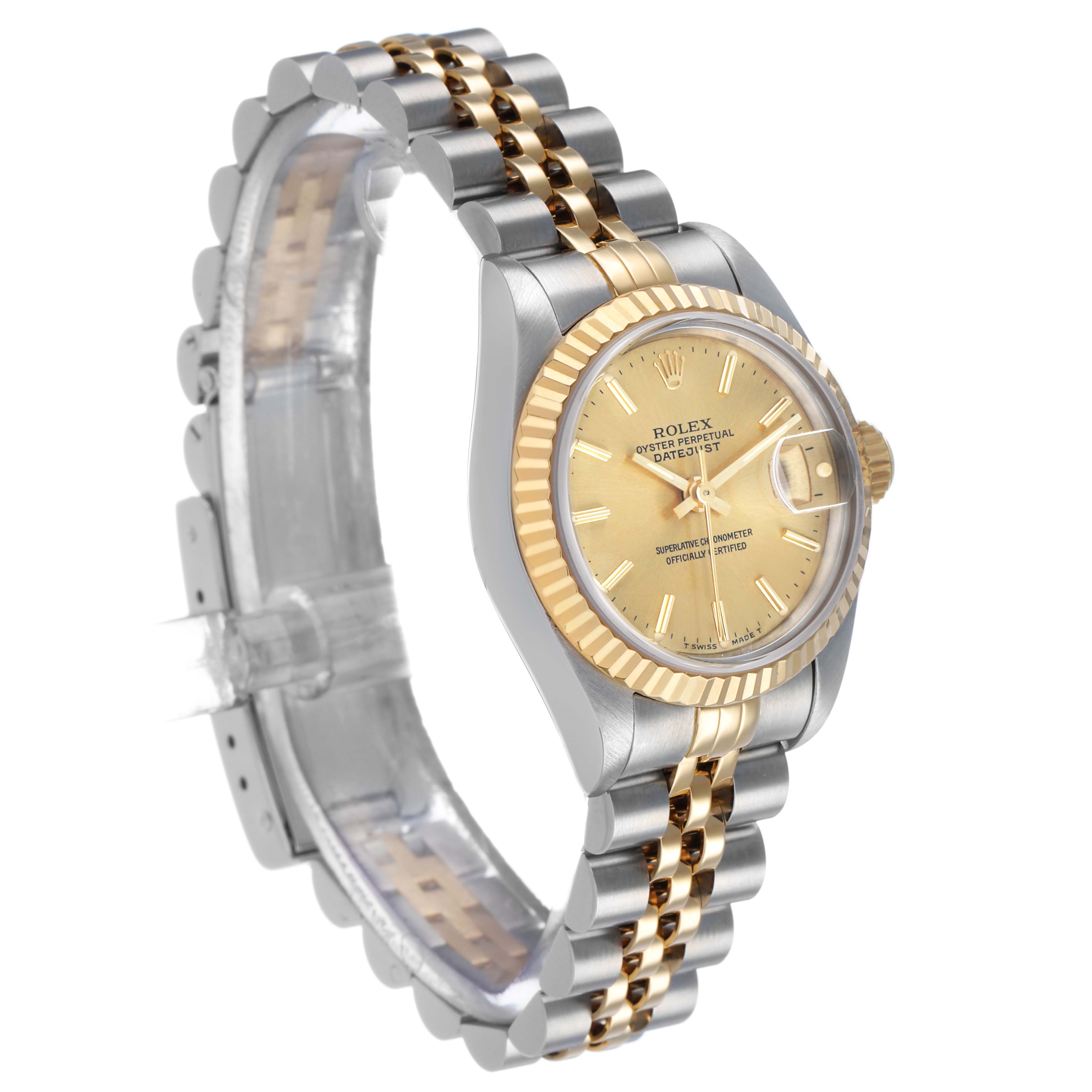 The Rolex Datejust 69173 Women's Steel and Gold (two tone) Champagne Dial watch is shown at a three-quarter angle, highlighting its gold dial, fluted bezel, and two-tone bracelet.