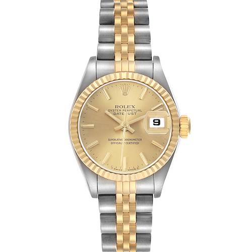 The Rolex Datejust 69173 Women's Steel and Gold (two tone) Champagne Dial watch is shown from a top view, highlighting the dial, case, fluted bezel, and part of the bracelet.