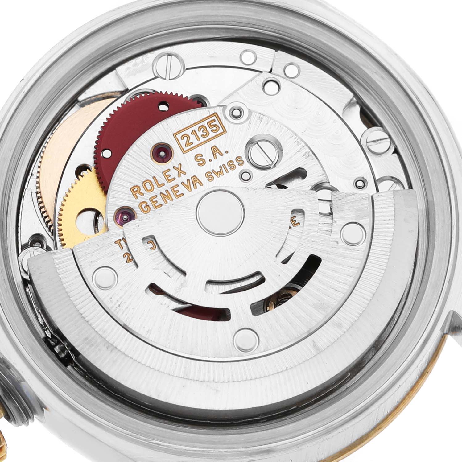 The image shows the movement of a Rolex Datejust 69173 Women's Steel and Gold (two tone) Champagne Dial watch, highlighting gears and the rotor from a top-down angle.