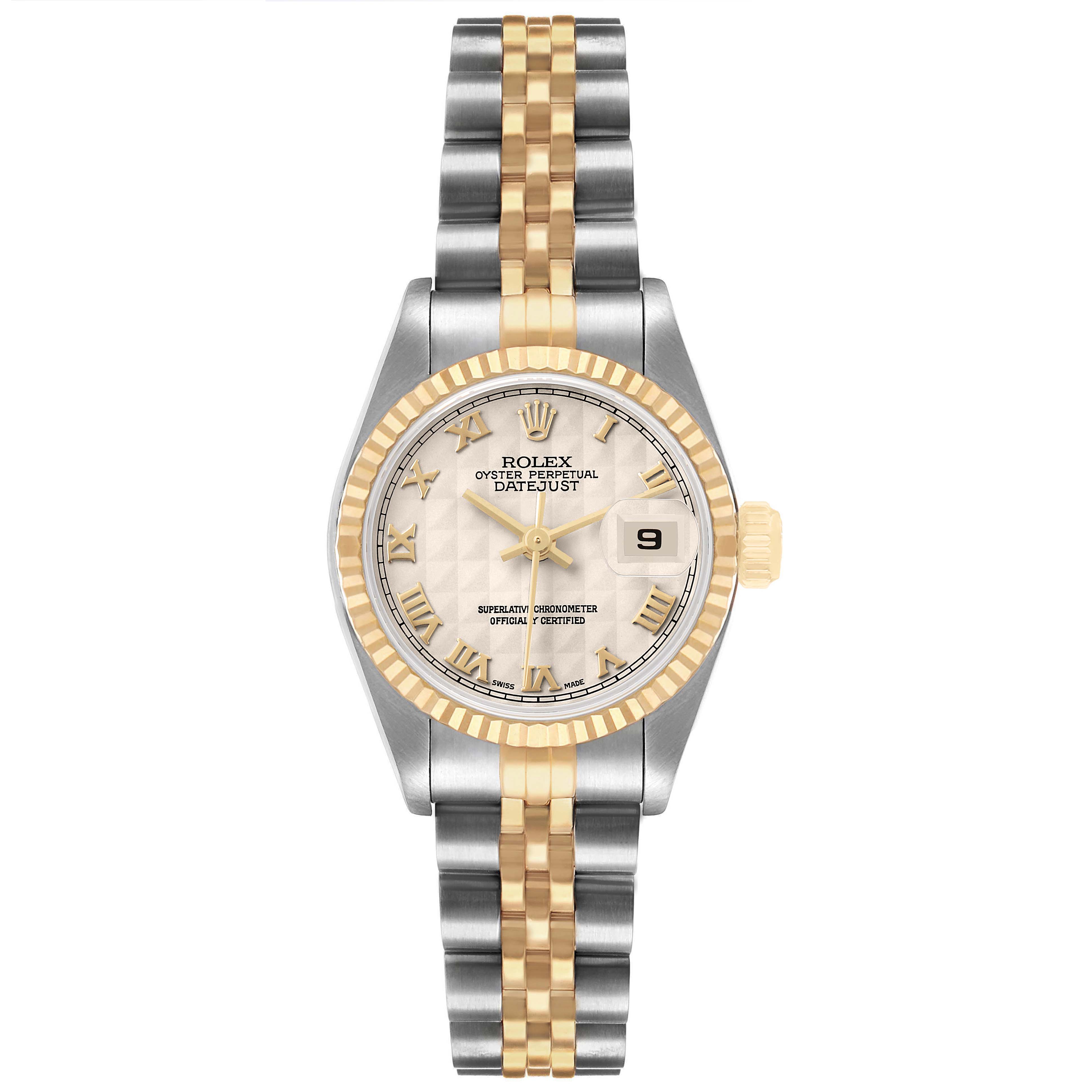 The Rolex Datejust 69173 Women's Steel and Gold (two tone) White Dial watch is shown from a top-down angle, featuring the bezel, dial, hands, bracelet, and date window.