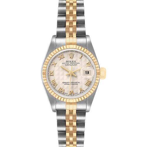 The Rolex Datejust 69173 Women's Steel and Gold (two tone) White Dial watch is shown from a front angle, displaying the dial, bezel, and bracelet.