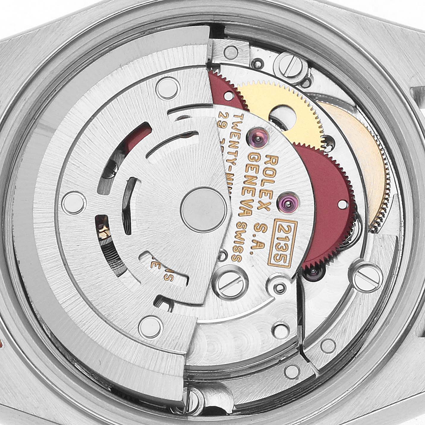 The image shows the movement of a Rolex Datejust 69173 Women's Steel and Gold (two tone) White Dial, highlighting gears and the rotor from a back view.