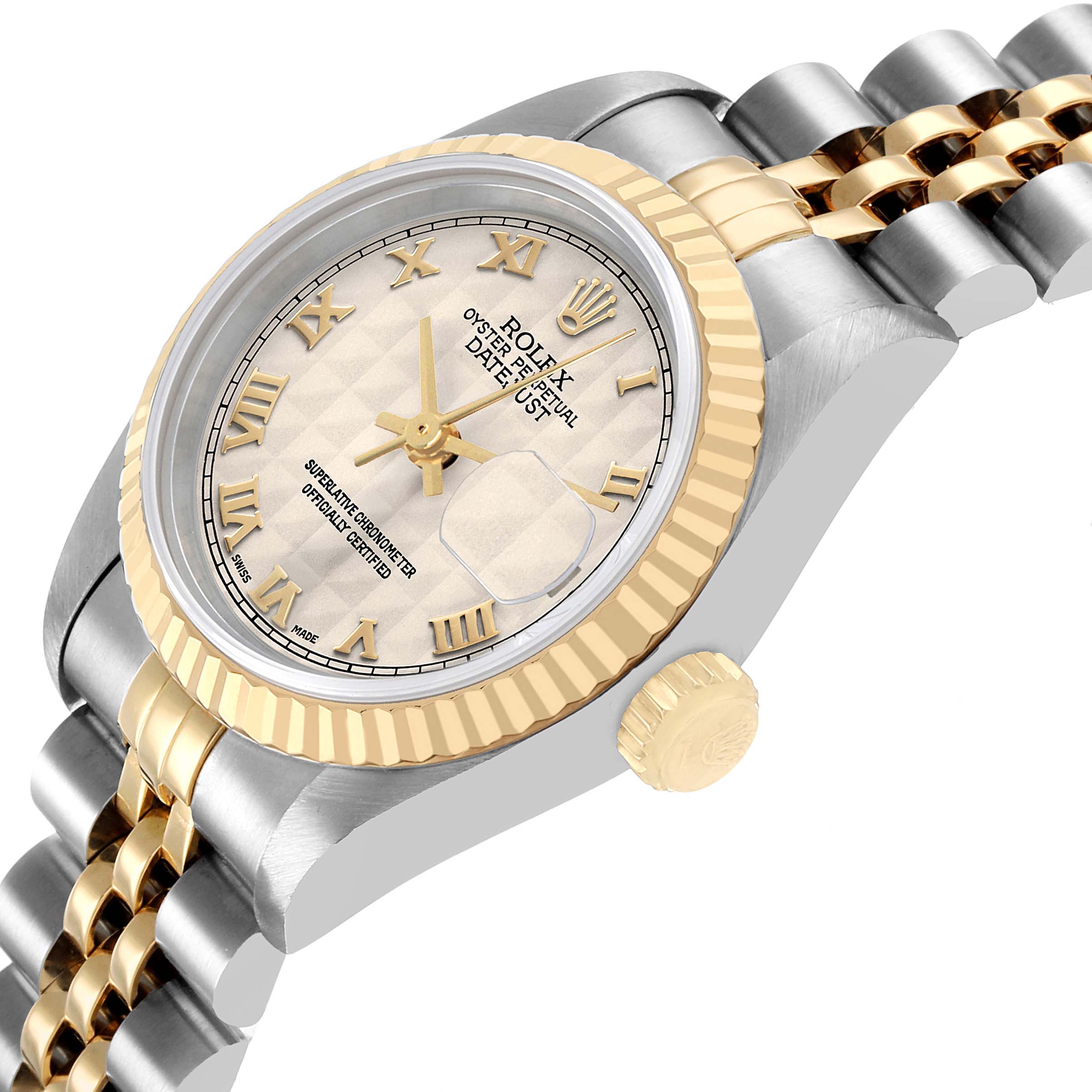 The Rolex Datejust 69173 Women's Steel and Gold (two tone) White Dial watch is shown from a side angle, highlighting its gold bezel, crown, and two-tone bracelet.