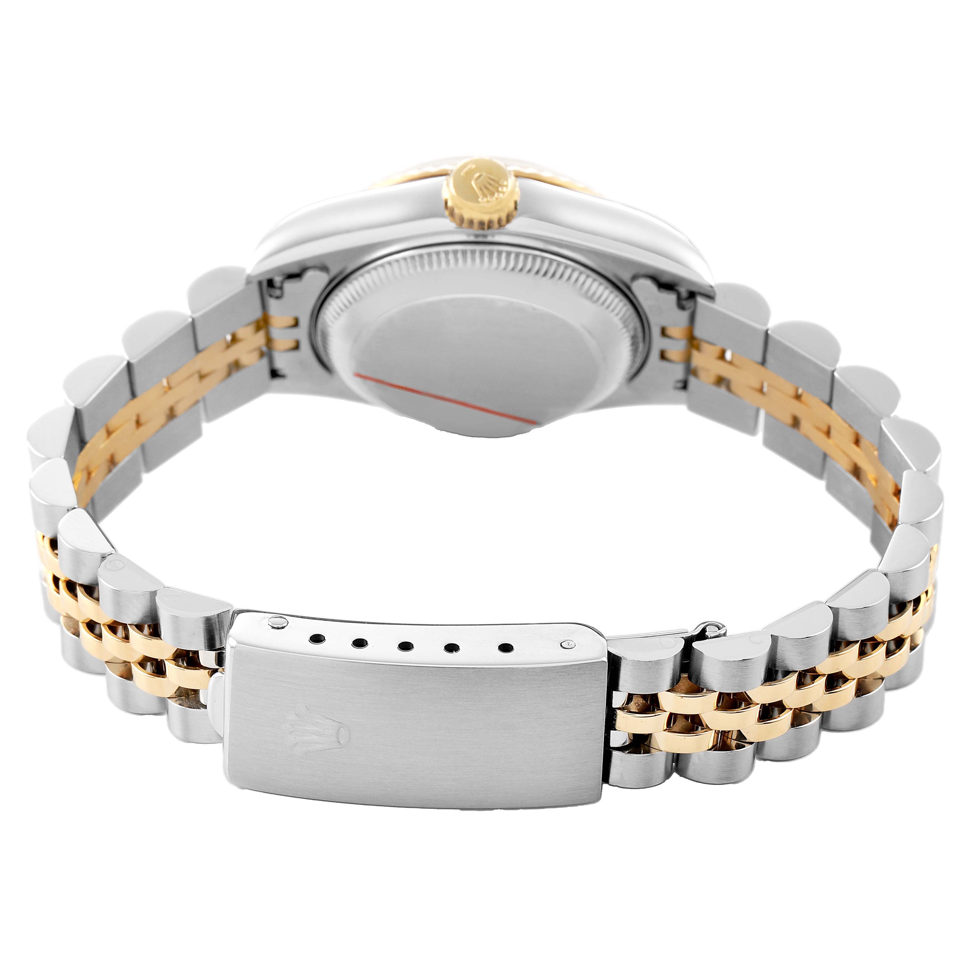 The image shows the back view of a Rolex Datejust 69173 Women's Steel and Gold (two tone) White Dial, highlighting the case back and two-tone bracelet with clasp.