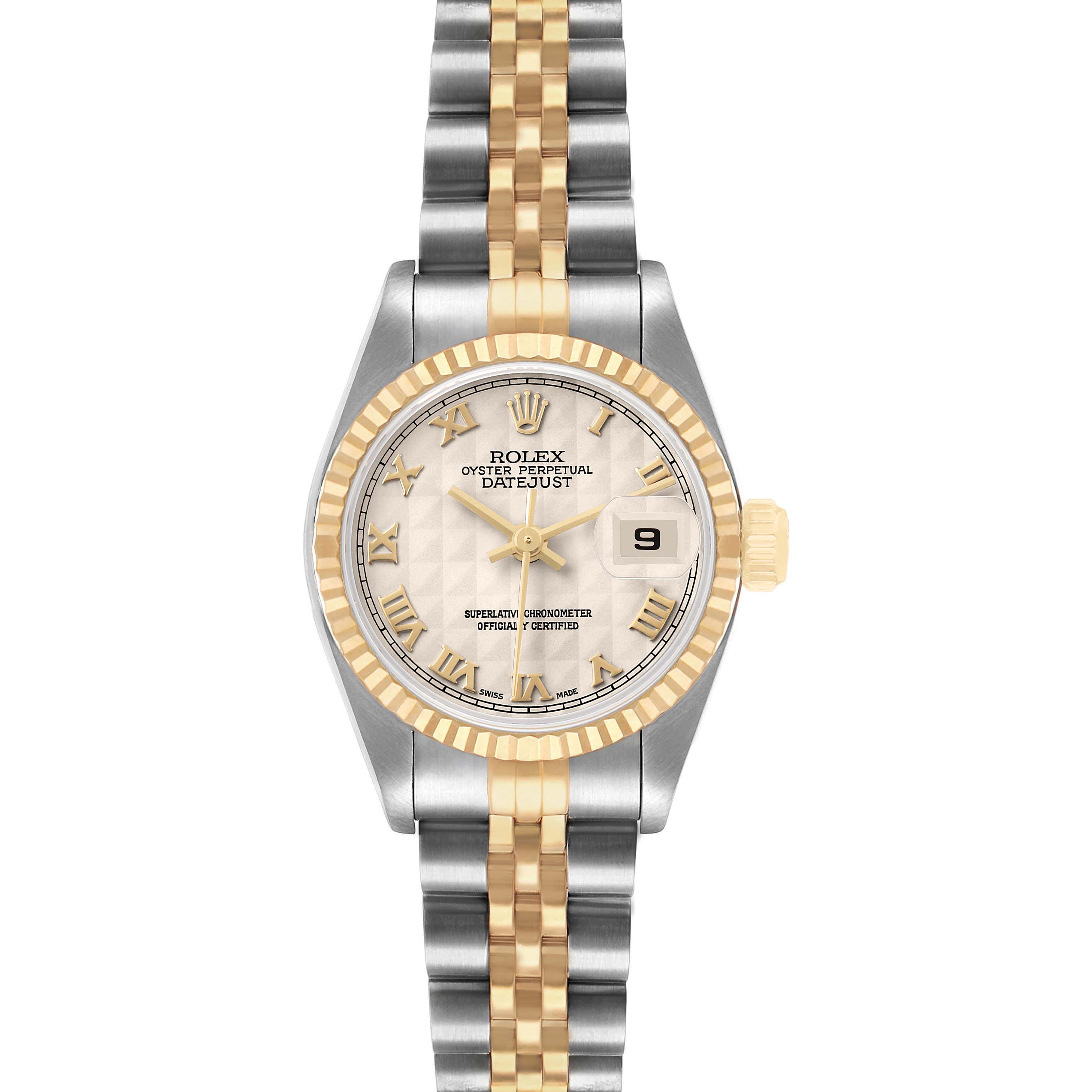 The Rolex Datejust 69173 Women's Steel and Gold (two tone) White Dial watch is shown from the front, displaying its face, bezel, and two-tone bracelet.