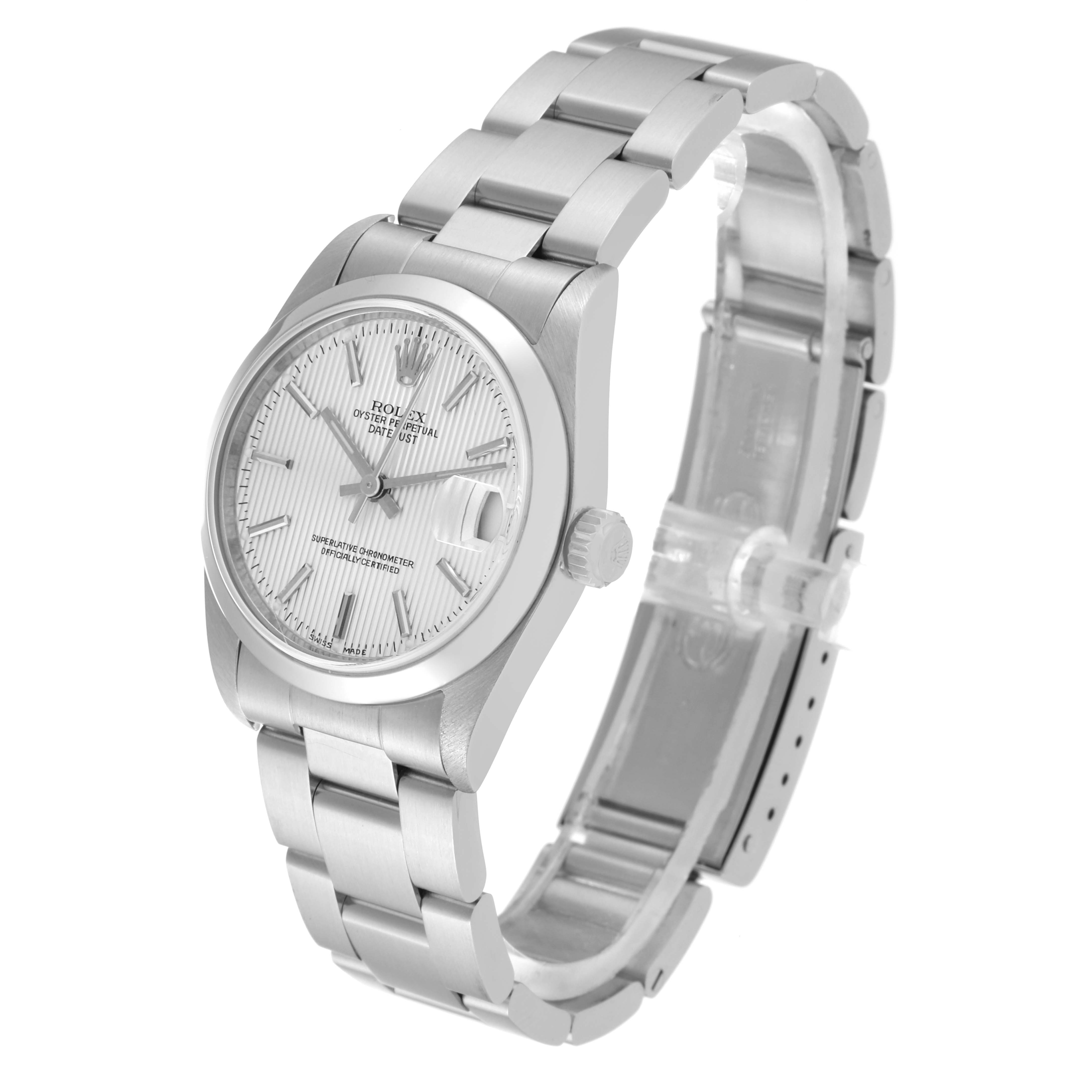The image shows a Rolex Mid-Size 78240 Women's Stainless Steel Silver Dial 78240 Women's Stainless Steel Silver Dial watch at a slight angle, highlighting its face, bezel, crown, and bracelet.