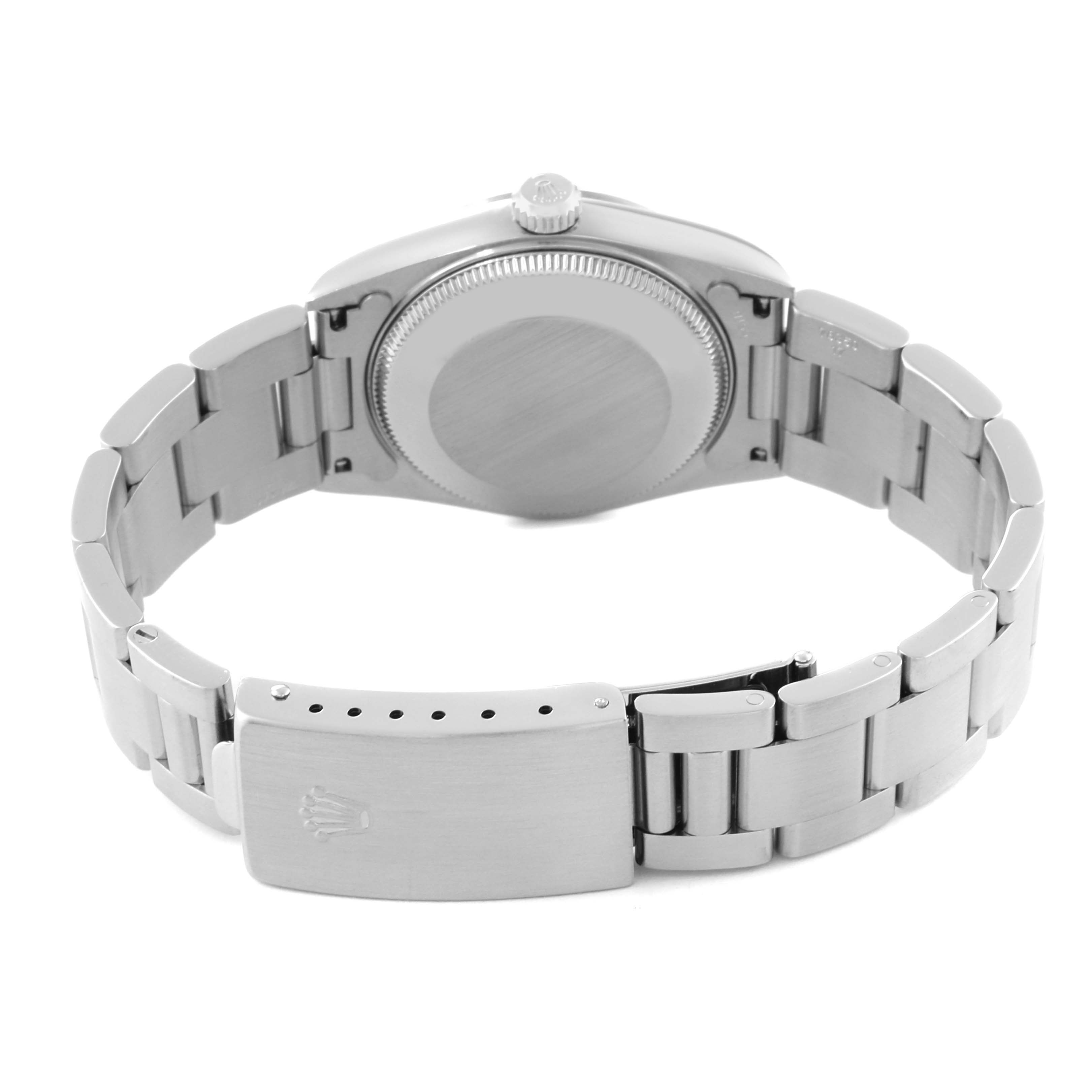 The image shows the back view, case back, bracelet, and clasp of a Rolex Mid-Size 78240 Women's Stainless Steel Silver Dial 78240 Women's Stainless Steel Silver Dial model watch.