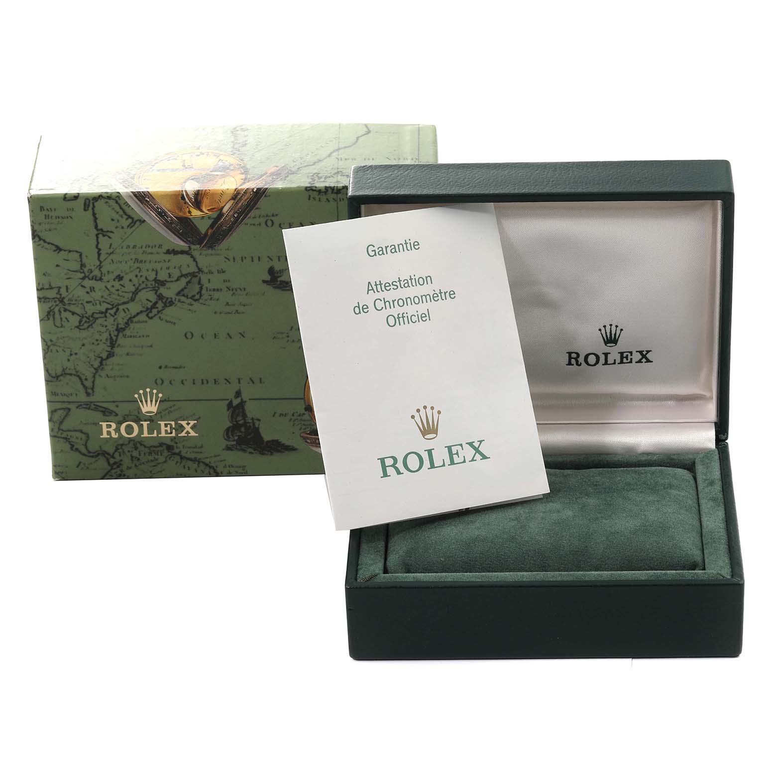 The image shows a Rolex box and an open watch case for a Mid-Size model, alongside warranty documentation.