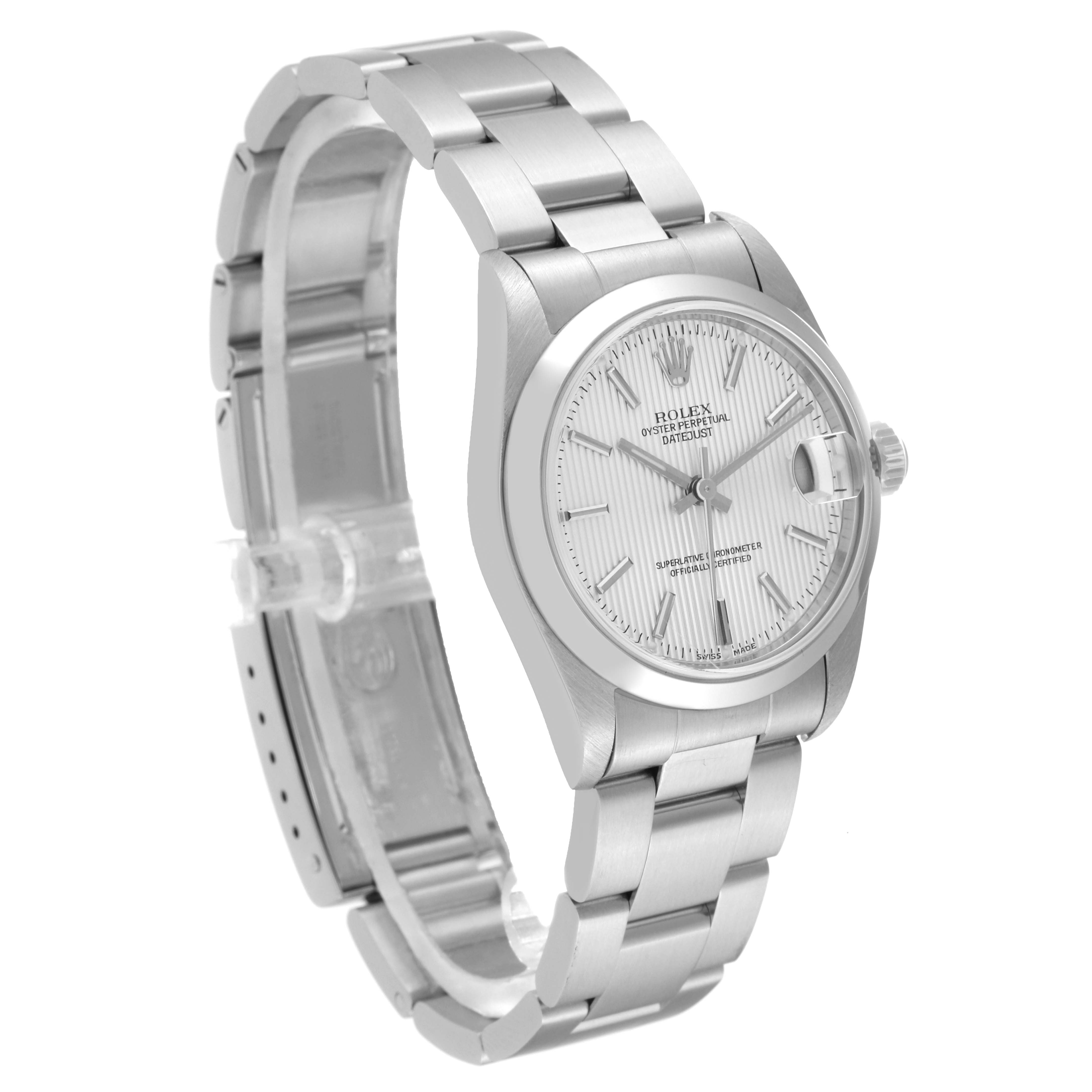 The image shows a side view of a Mid-Size Rolex watch, highlighting the bracelet, case, and partially the dial.