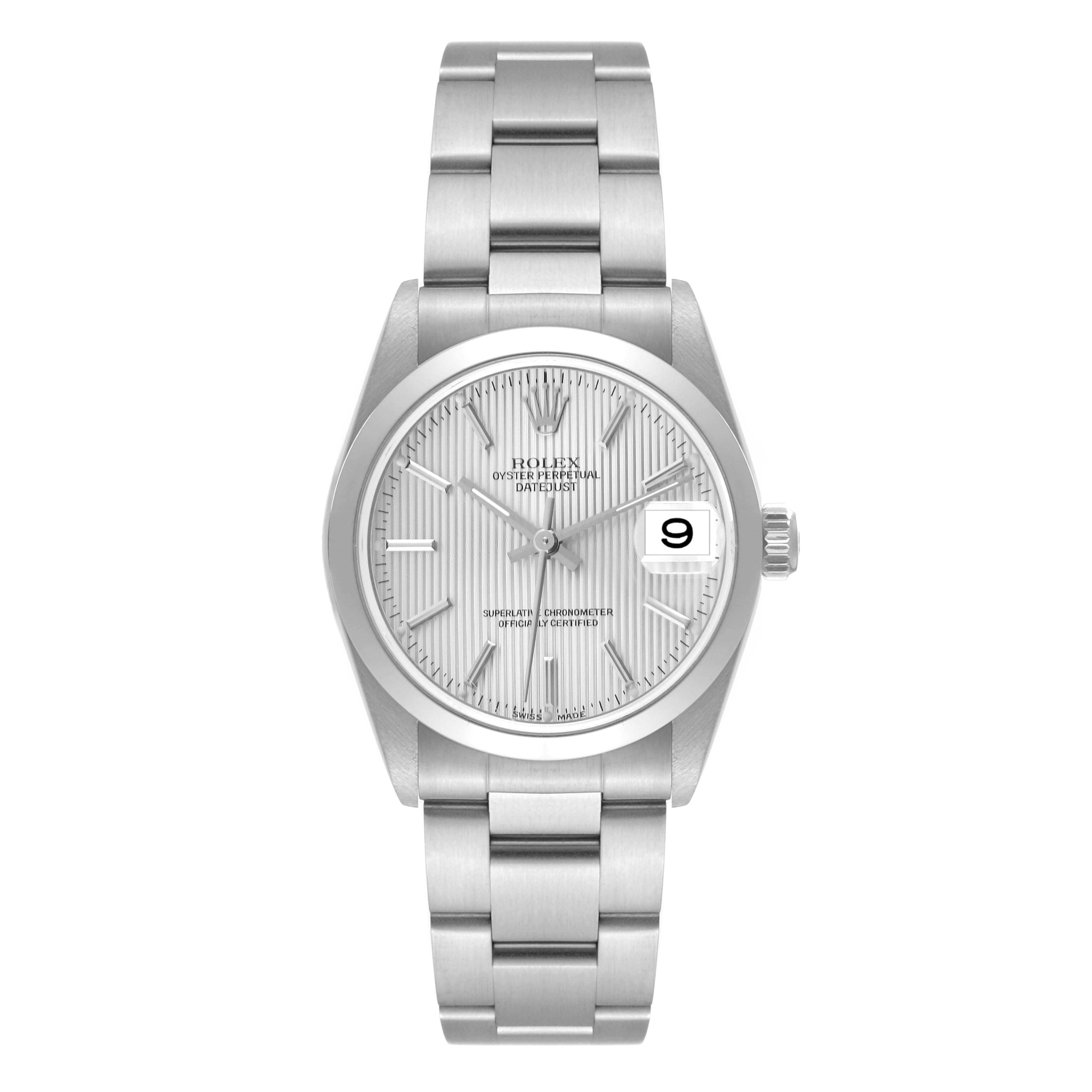This image shows a front view of the Rolex Mid-Size 78240 Women's Stainless Steel Silver Dial 78240 Women's Stainless Steel Silver Dial Oyster Perpetual Datejust watch, highlighting its dial, bracelet, and date display.