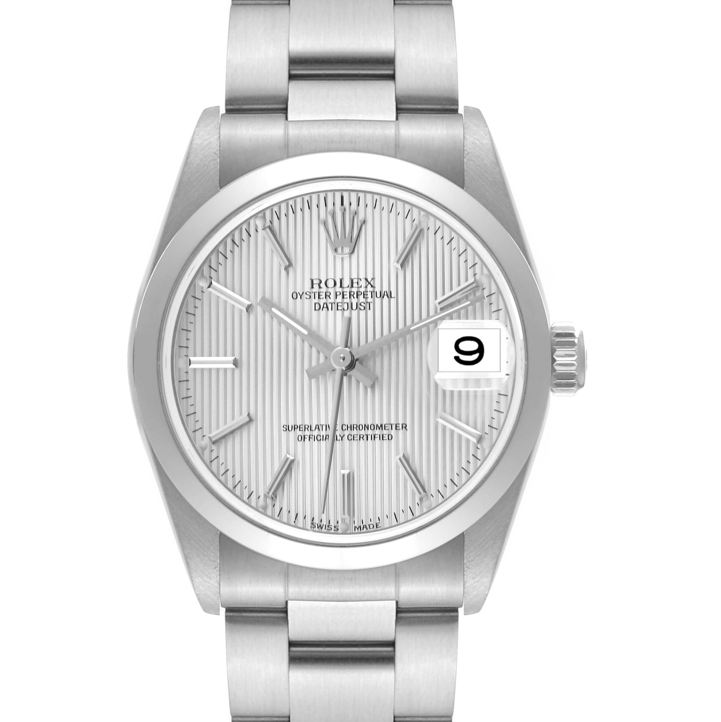 The image shows a front view of a Rolex Mid-Size 78240 Women's Stainless Steel Silver Dial 78240 Women's Stainless Steel Silver Dial Oyster Perpetual Datejust watch, displaying its dial, hands, date window, and bracelet.