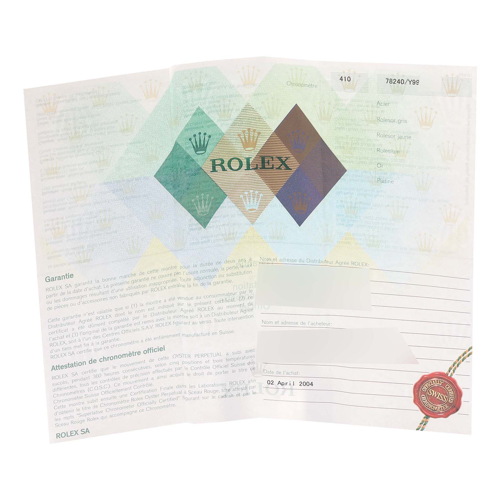 The image shows a Rolex warranty card with details and branding, including a purchase date for a Mid-Size model.