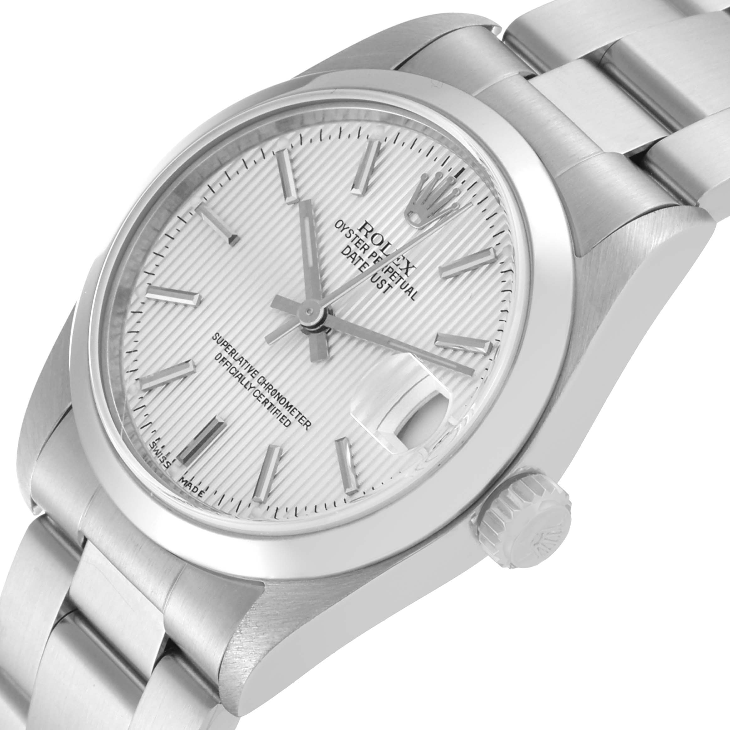This image shows a close-up, angled view of the dial, bezel, crown, and bracelet of the Rolex Mid-Size 78240 Women's Stainless Steel Silver Dial 78240 Women's Stainless Steel Silver Dial Oyster Perpetual Datejust watch.
