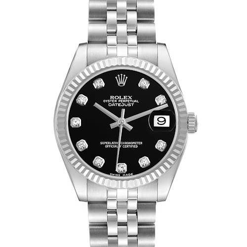 The Rolex Mid-Size Datejust is shown from a front angle, highlighting its black dial, diamond markers, and Jubilee bracelet.