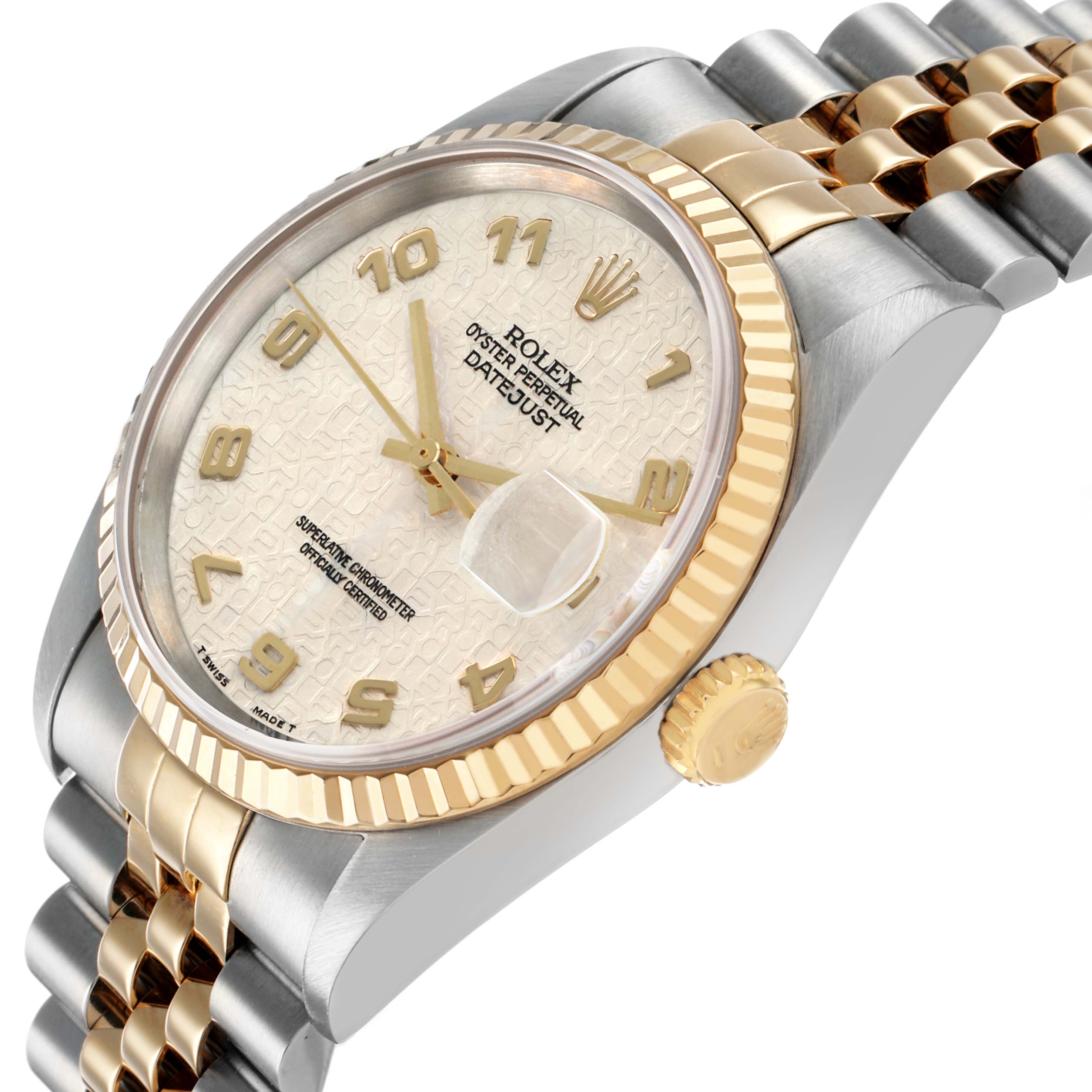 The Rolex Datejust 41 16233 Men's Steel and Gold (two tone) Beige Dial watch is shown from a side angle displaying the dial, bezel, crown, and part of the bracelet.