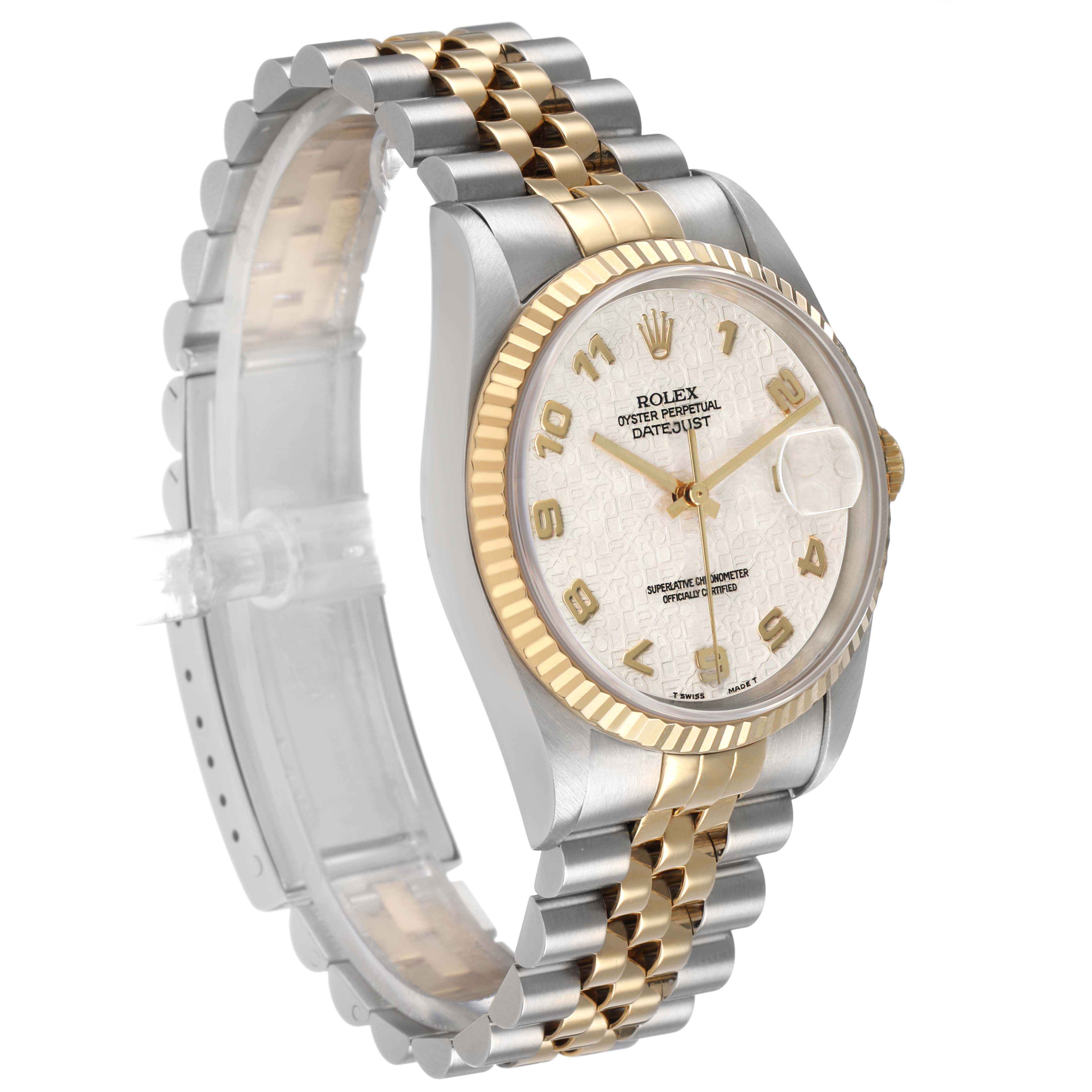 The Rolex Datejust 41 16233 Men's Steel and Gold (two tone) Beige Dial is shown at a three-quarter angle, highlighting its bezel, dial, and Jubilee bracelet.