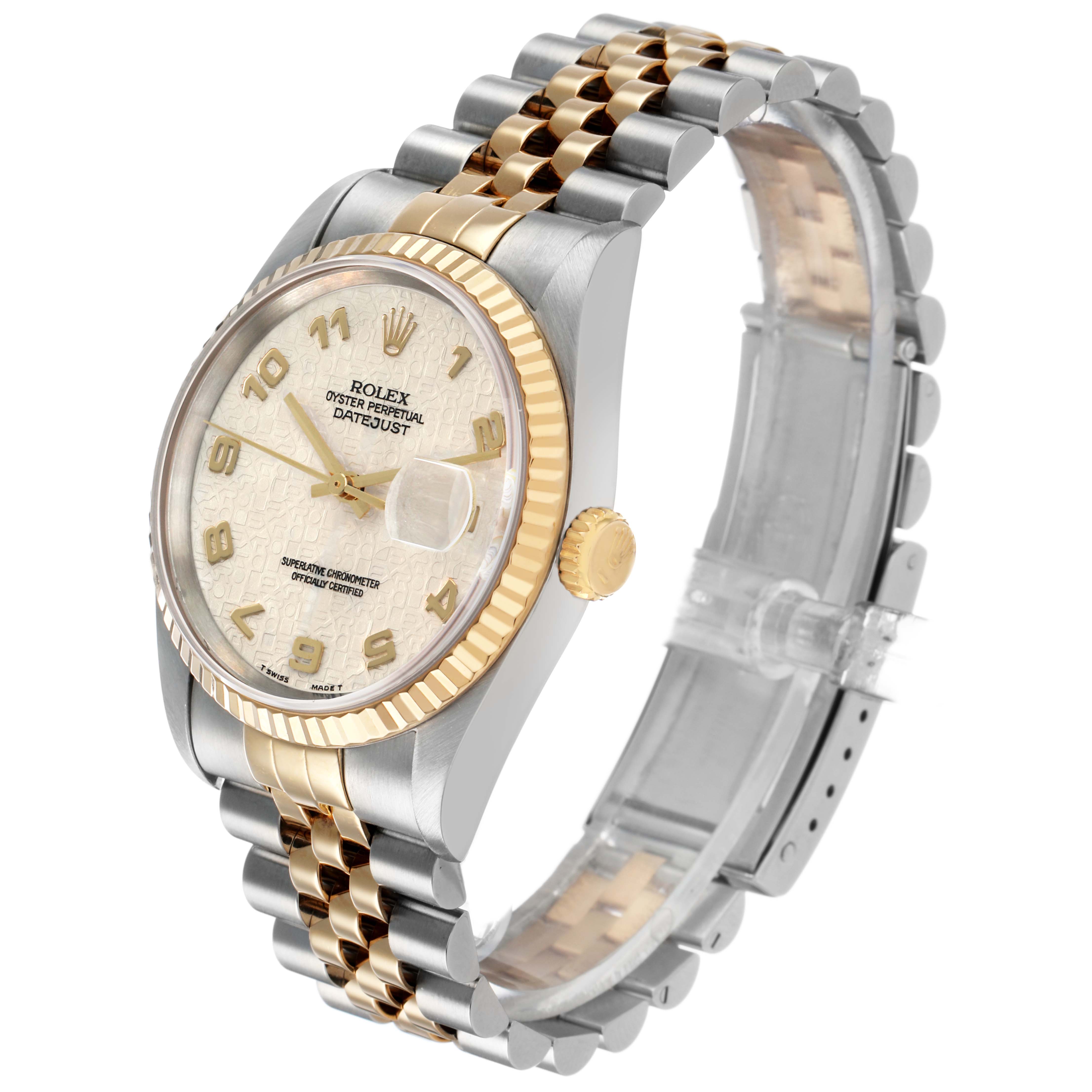 The Rolex Datejust 41 16233 Men's Steel and Gold (two tone) Beige Dial is shown at a three-quarter angle, highlighting the bezel, dial, crown, and two-tone bracelet.