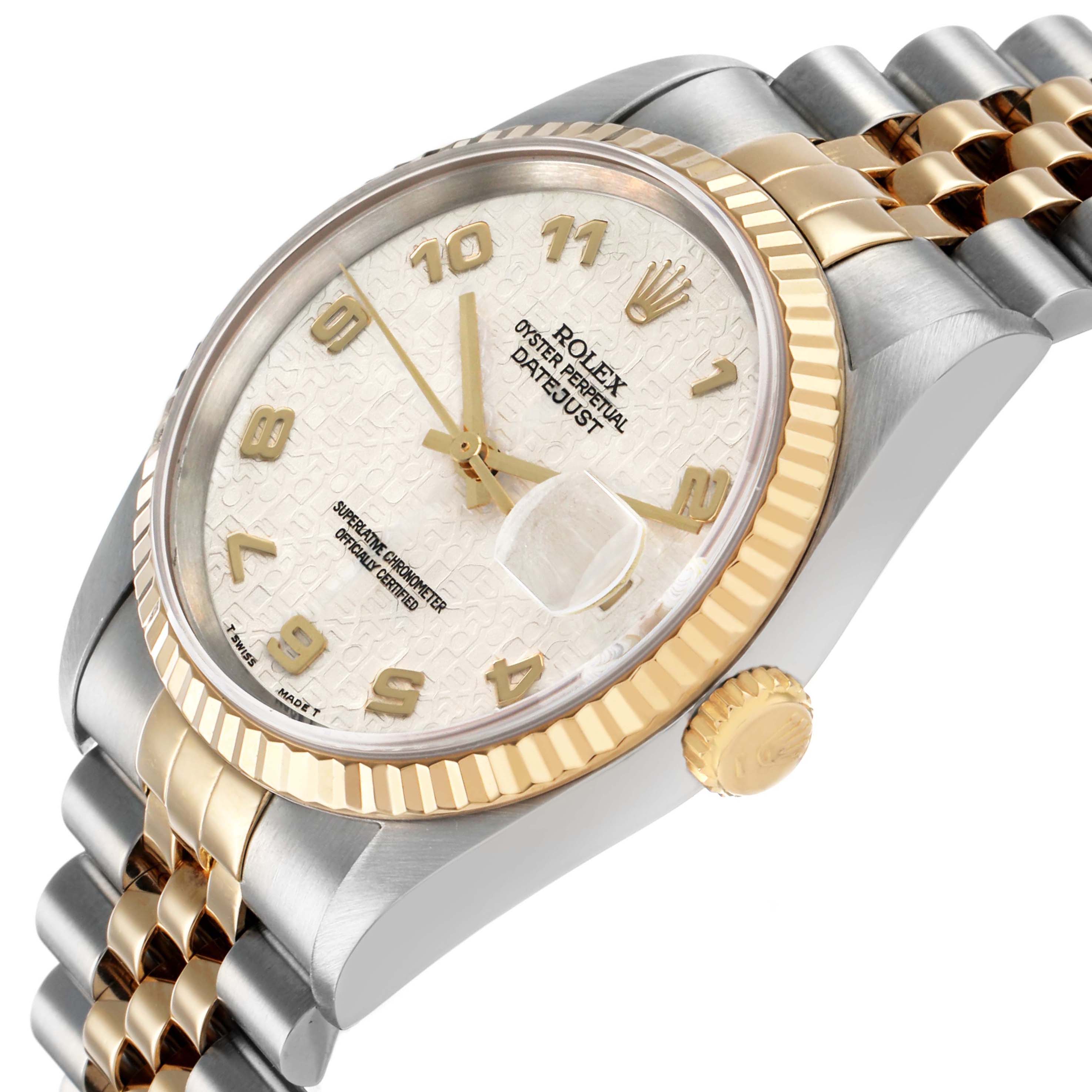 The Rolex Datejust 41 16233 Men's Steel and Gold (two tone) Beige Dial is shown from an angle highlighting the fluted bezel, jubilee bracelet, crown, and dial with Arabic numerals.