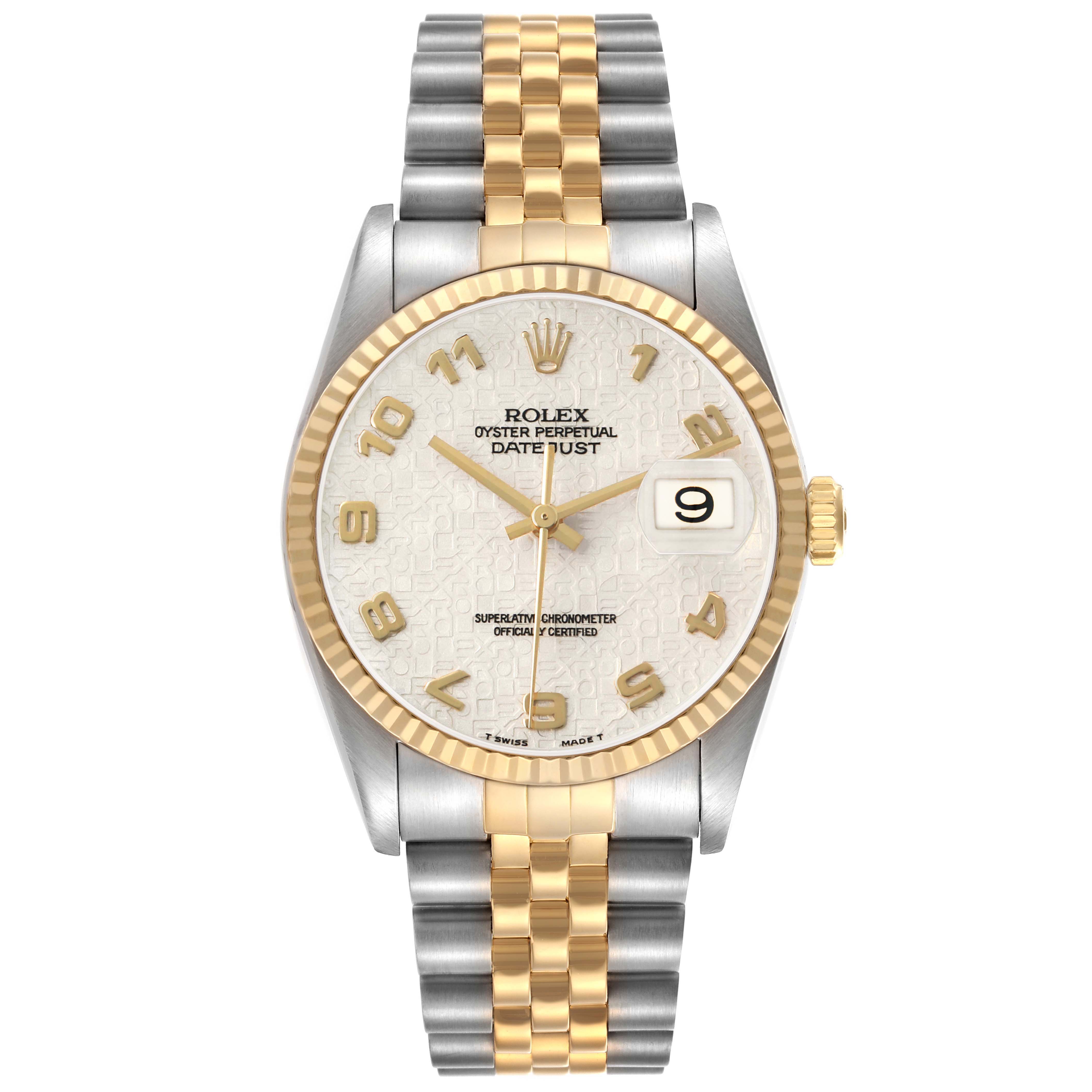 The Rolex Datejust 41 16233 Men's Steel and Gold (two tone) Beige Dial is shown from the front, highlighting its dial, bezel, and bracelet.