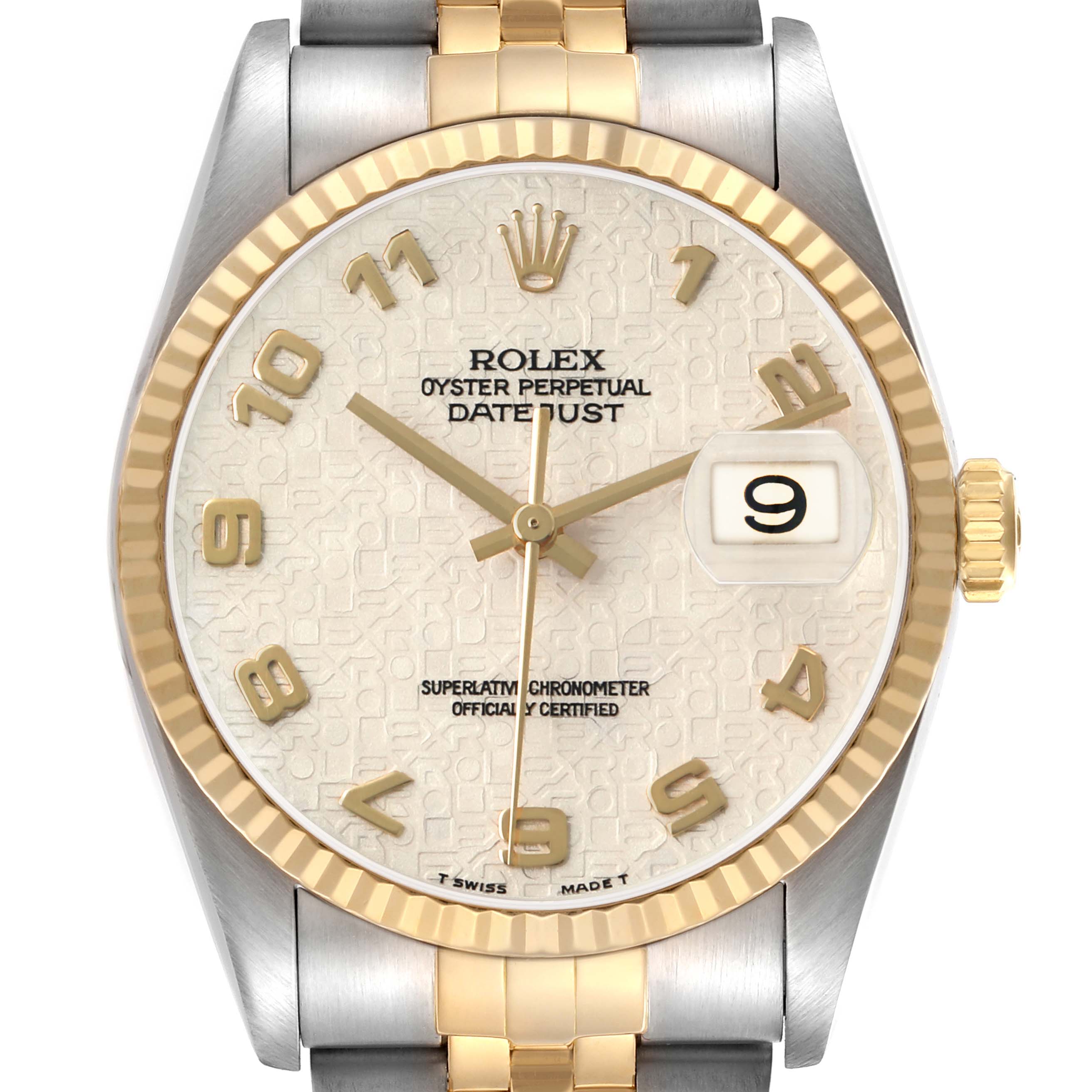 The Rolex Datejust 41 16233 Men's Steel and Gold (two tone) Beige Dial watch is shown from a front angle, highlighting its dial, hands, bezel, and crown.
