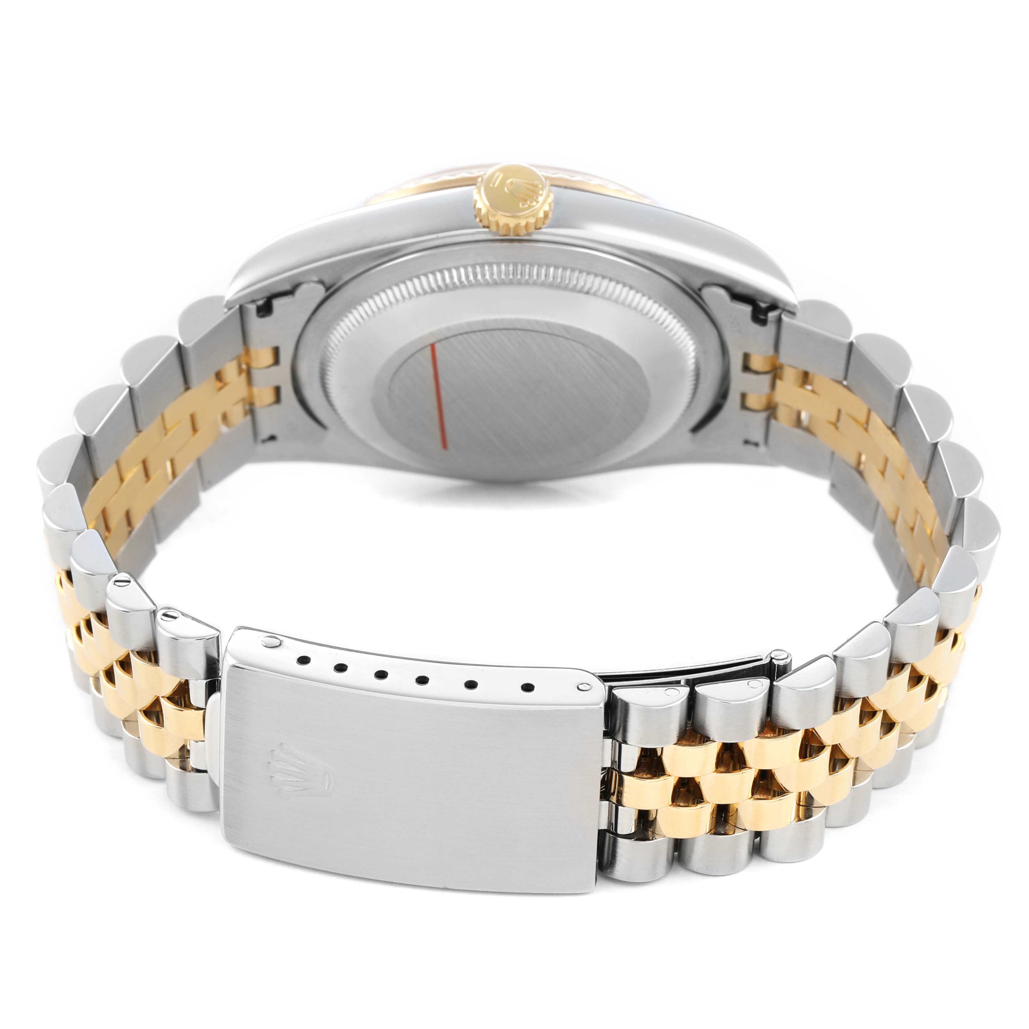 The image shows a rear view of the Rolex Datejust 41 16233 Men's Steel and Gold (two tone) Beige Dial, highlighting the clasp, bracelet, and back case.