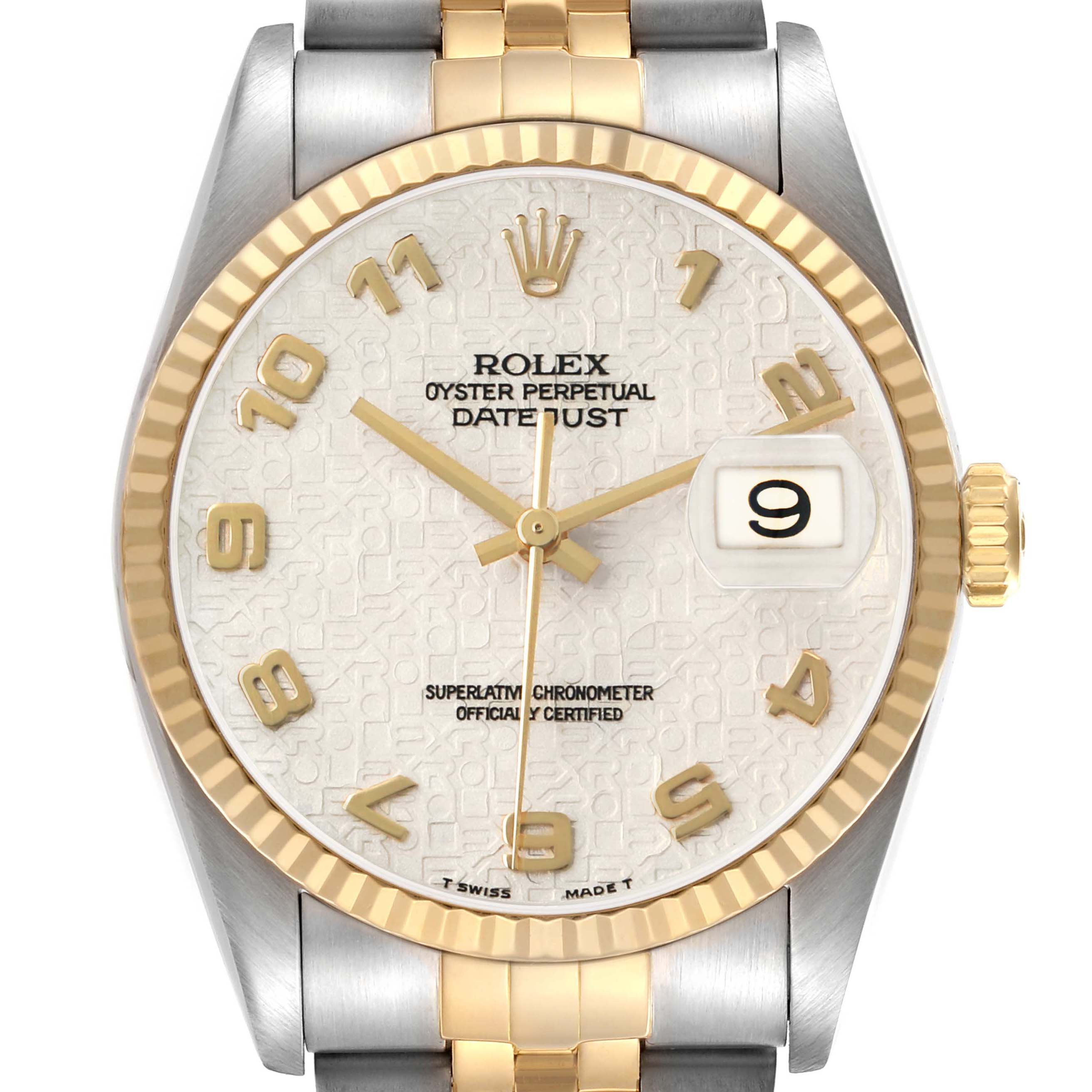 The Rolex Datejust 41 16233 Men's Steel and Gold (two tone) Beige Dial is shown from the front, highlighting the gold bezel, bracelet, and face details.