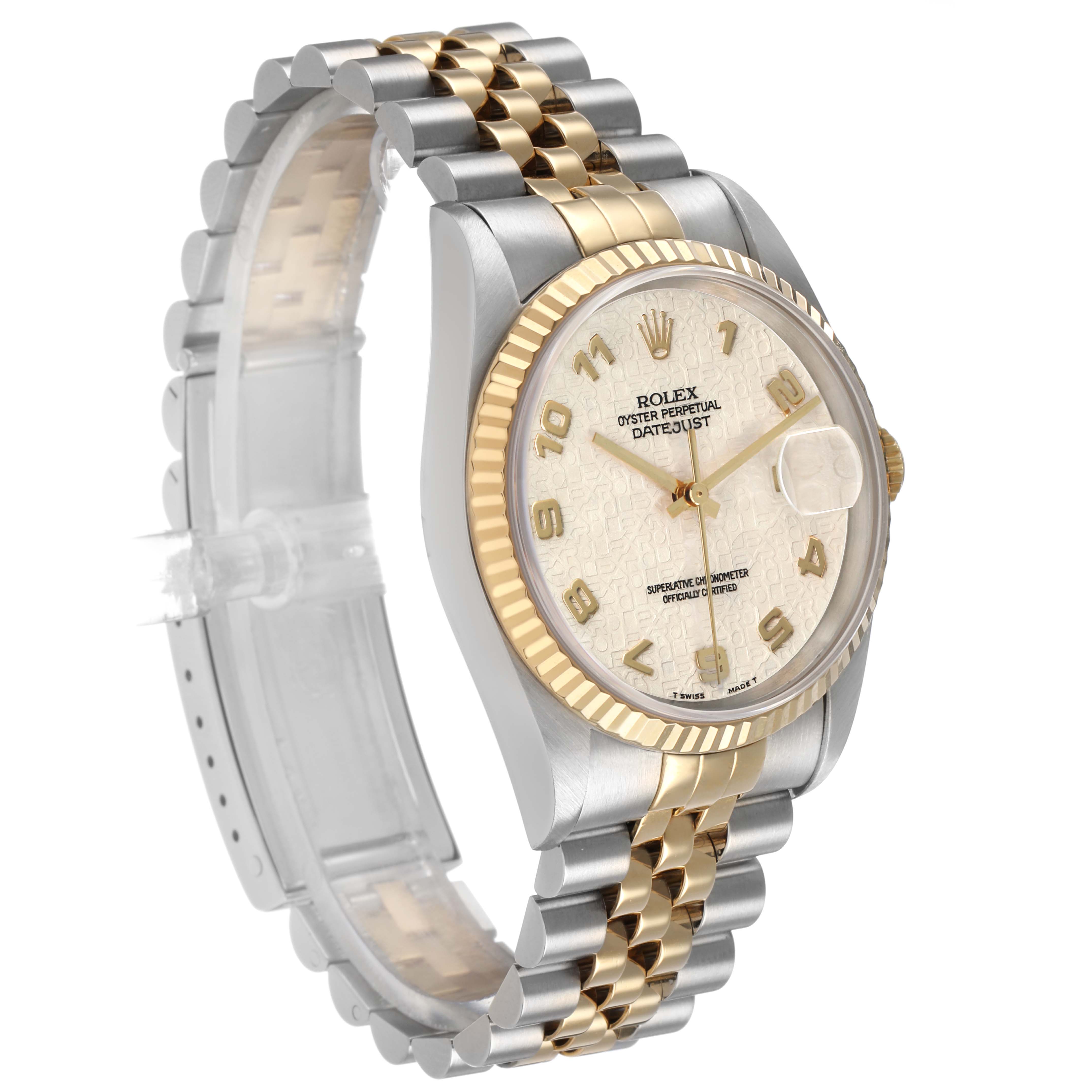 The Rolex Datejust 41 16233 Men's Steel and Gold (two tone) Beige Dial is shown at a three-quarter angle, highlighting its bezel, face, bracelet, and crown.