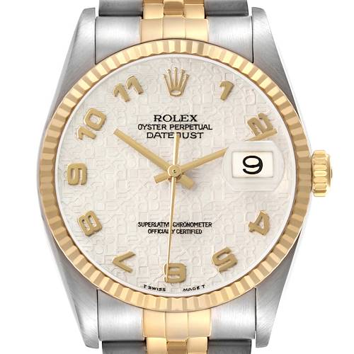 The Rolex Datejust 41 16233 Men's Steel and Gold (two tone) Beige Dial is shown from the front, highlighting the bezel, dial, hands, and bracelet.