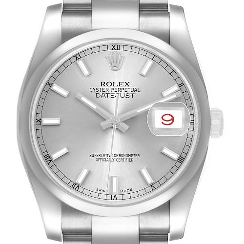 The Rolex Datejust 116200 Men's Stainless Steel Silver Dial watch is shown from a front angle, displaying its dial, hands, bracelet, and date magnifier.