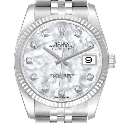 The image shows a front view of a Rolex Datejust 116234 Men's Stainless Steel Mother of Pearl Dial watch, highlighting the bezel, dial, crown, and bracelet.