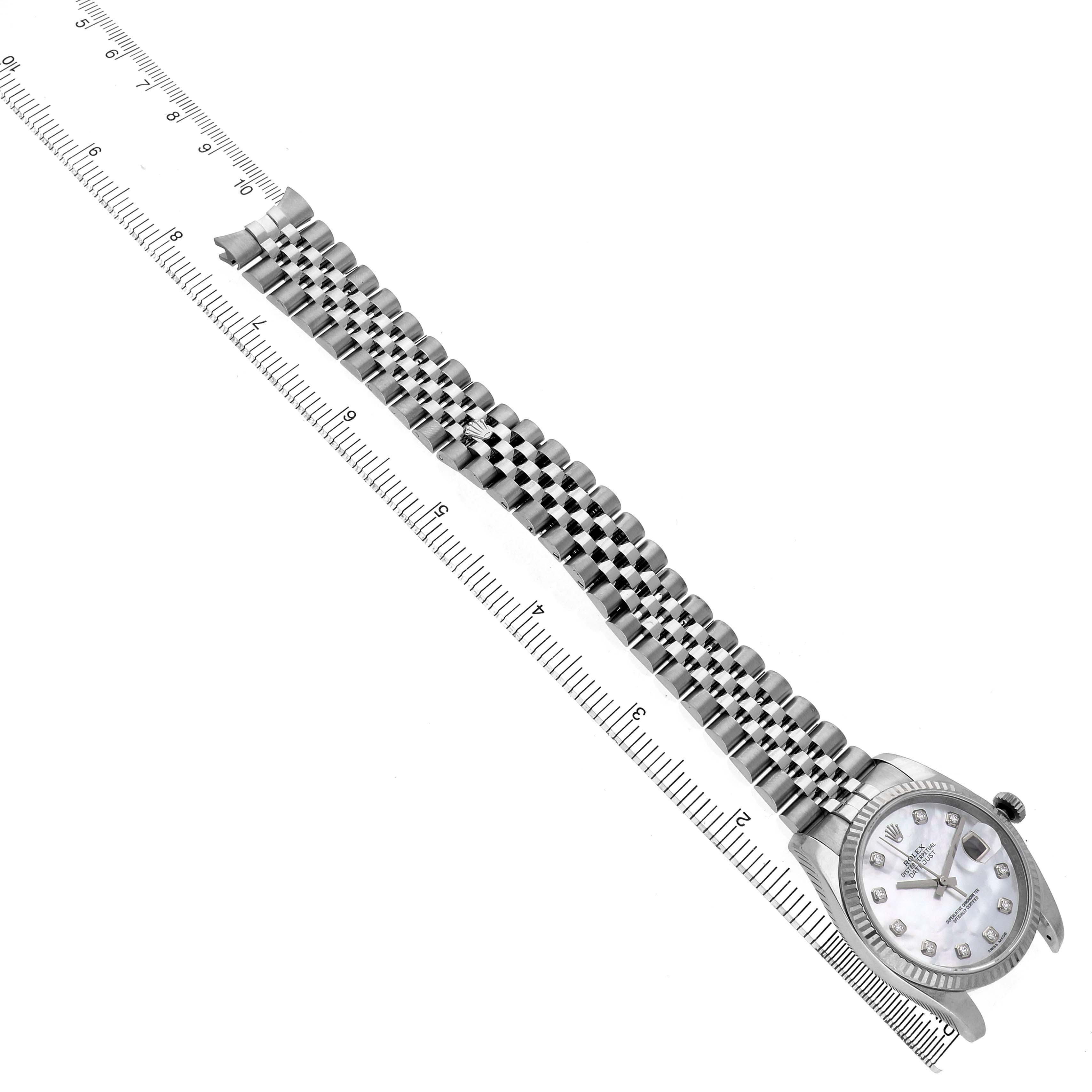 The image shows a Rolex Datejust 116234 Men's Stainless Steel Mother of Pearl Dial watch positioned diagonally, highlighting the face, case, and full bracelet.
