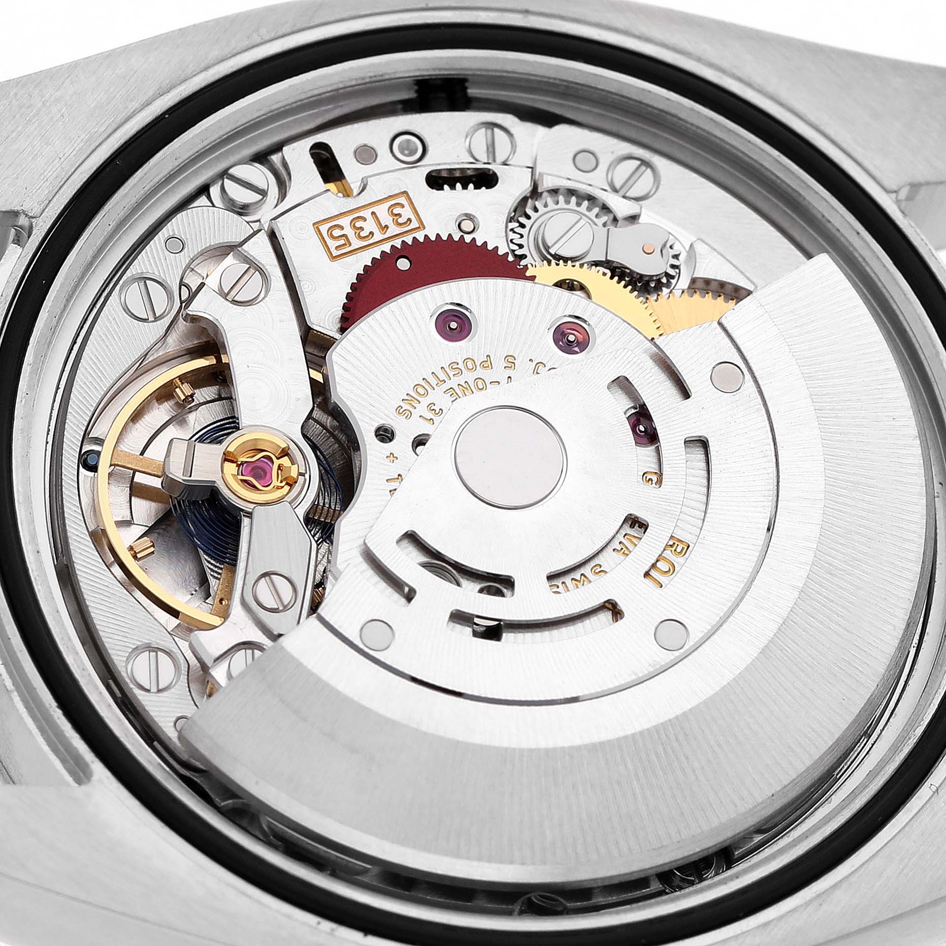 The image shows the movement of a Rolex Datejust 116234 Men's Stainless Steel Mother of Pearl Dial watch from a top-down angle.