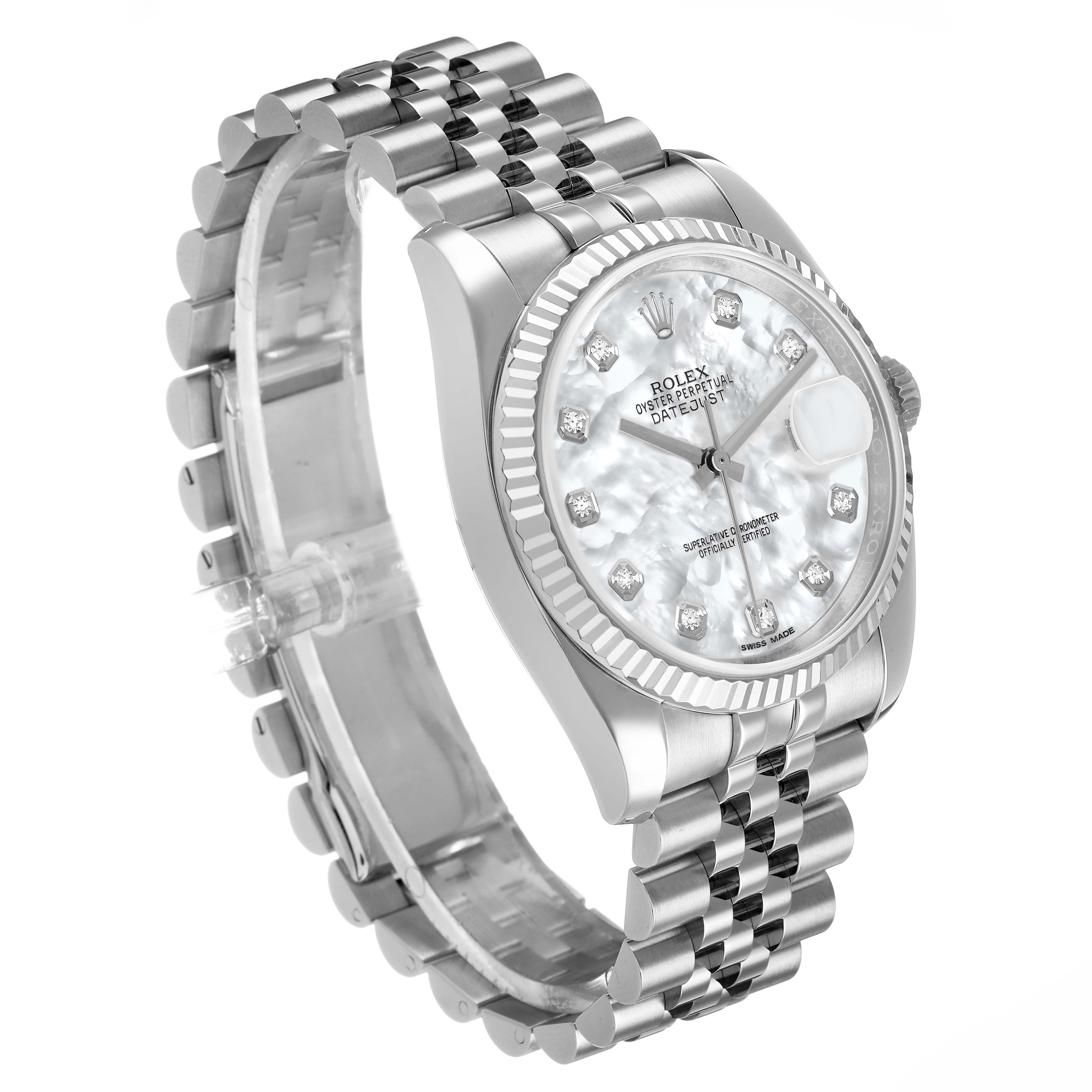 The Rolex Datejust 116234 Men's Stainless Steel Mother of Pearl Dial watch is shown at a three-quarter angle, highlighting the dial, bezel, and bracelet.