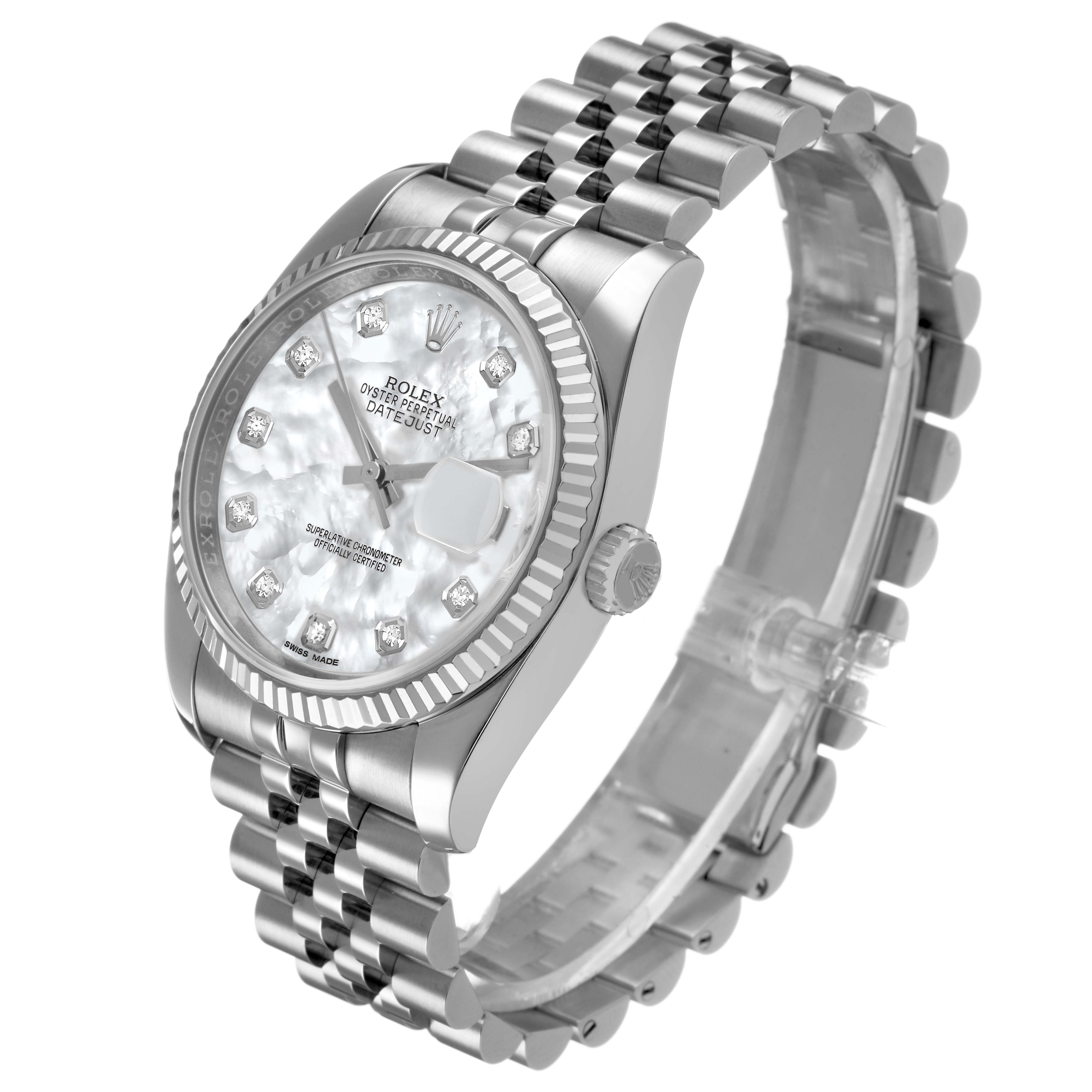 The Rolex Datejust 116234 Men's Stainless Steel Mother of Pearl Dial watch is shown from an angled view displaying the face, bezel, crown, and bracelet.