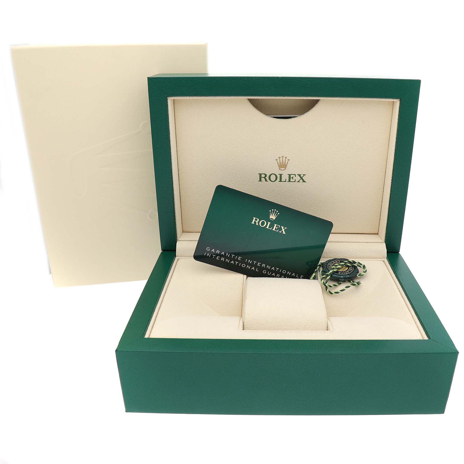 The image shows a Rolex Datejust 116234 Men's Stainless Steel Mother of Pearl Dial watch box open, displaying the guarantee card and tag inside.