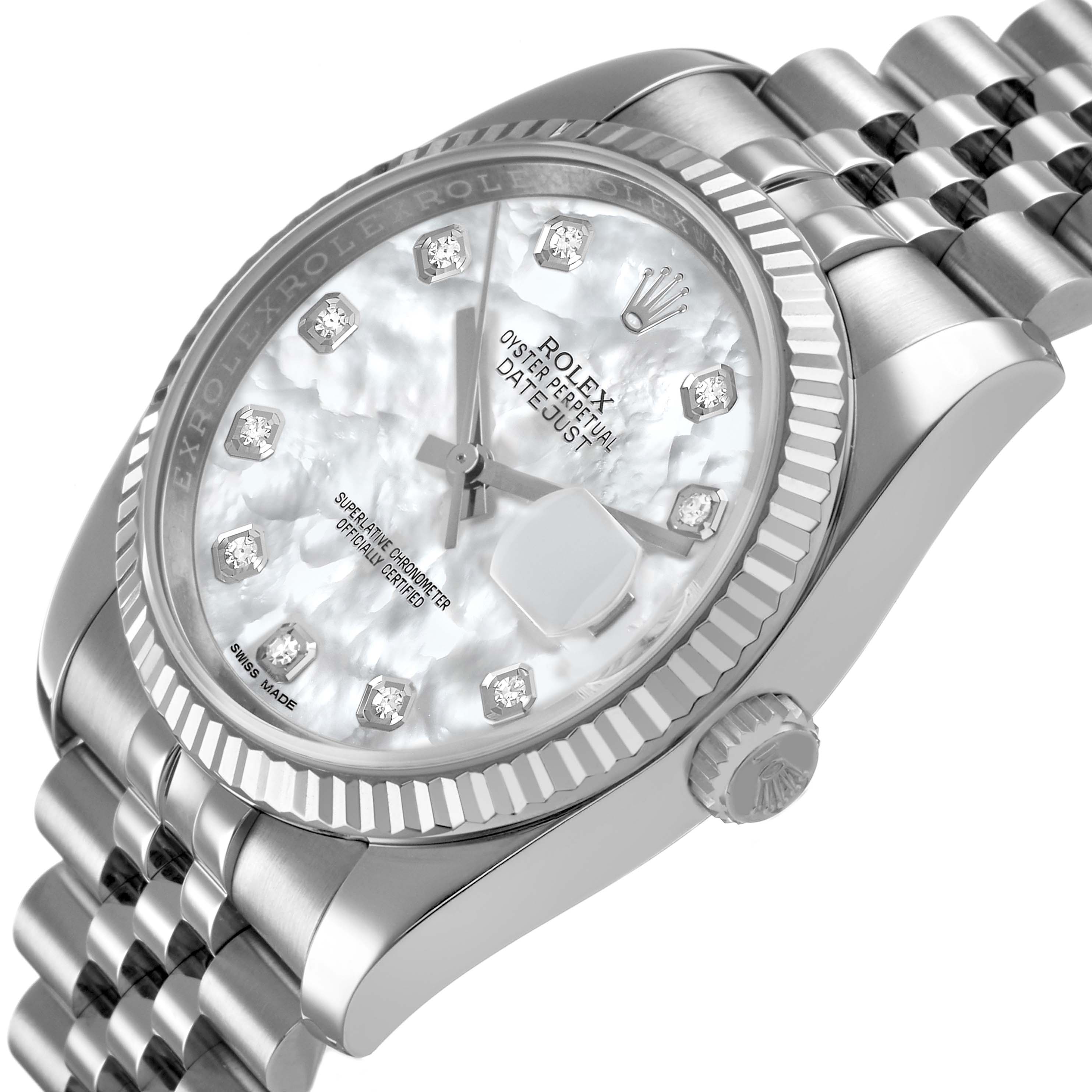 The Rolex Datejust 116234 Men's Stainless Steel Mother of Pearl Dial watch is shown from a side angle, highlighting the bezel, dial, crown, and part of the bracelet.