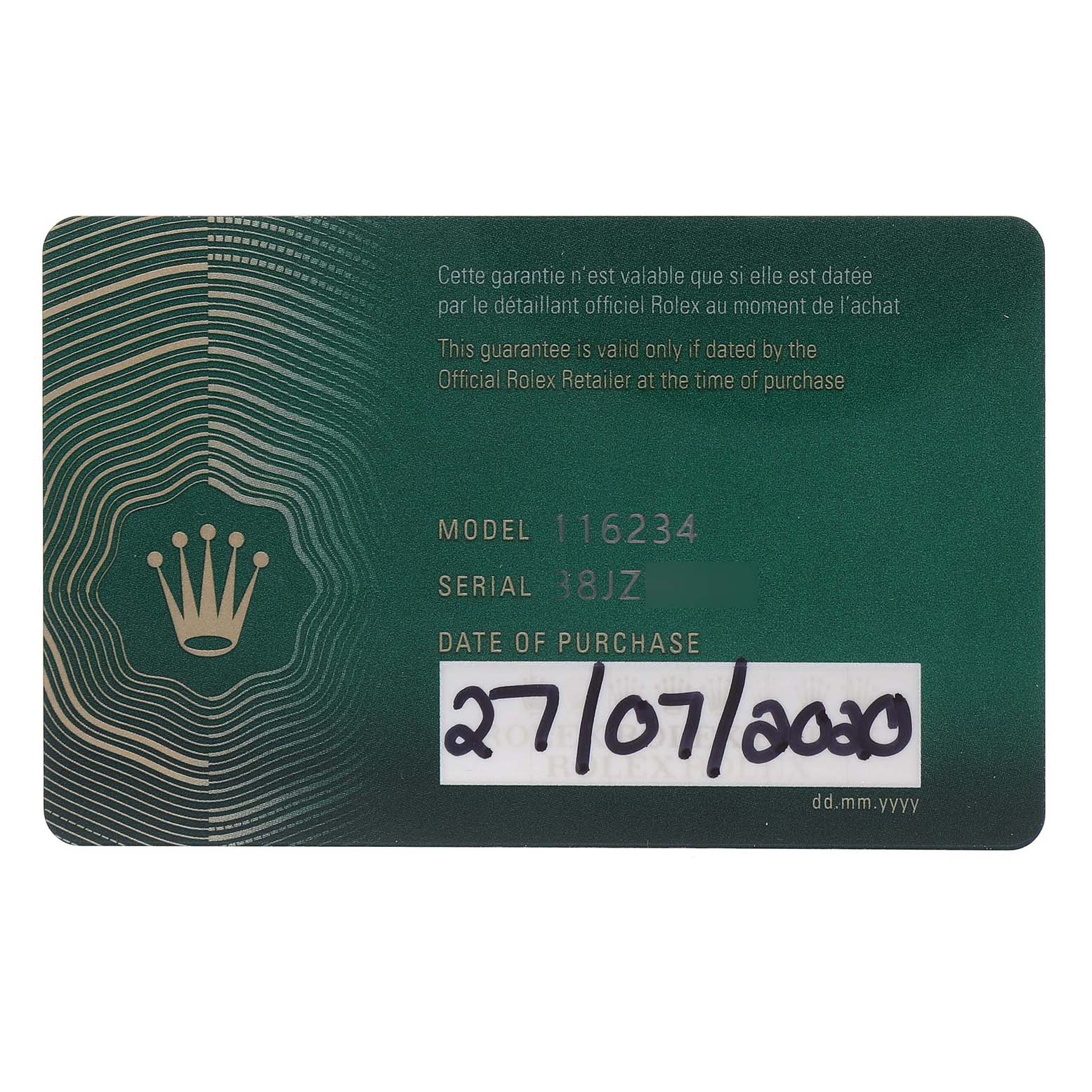 The image shows a green warranty card for a Rolex Datejust 116234 Men's Stainless Steel Mother of Pearl Dial model 116234, featuring the serial number and purchase date.