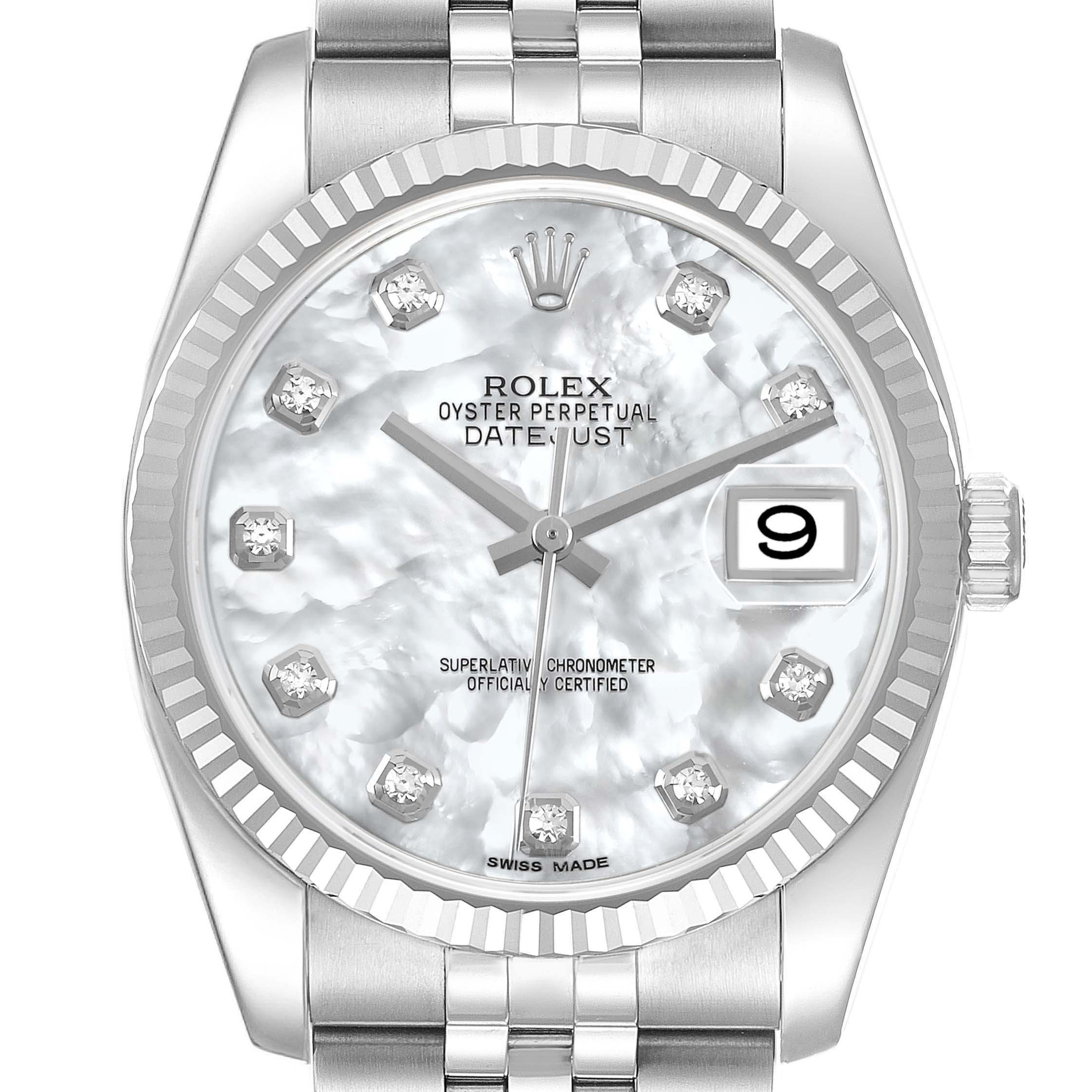 The Rolex Datejust 116234 Men's Stainless Steel Mother of Pearl Dial watch is shown from a front angle, highlighting its white dial, diamond hour markers, date window, and bracelet.