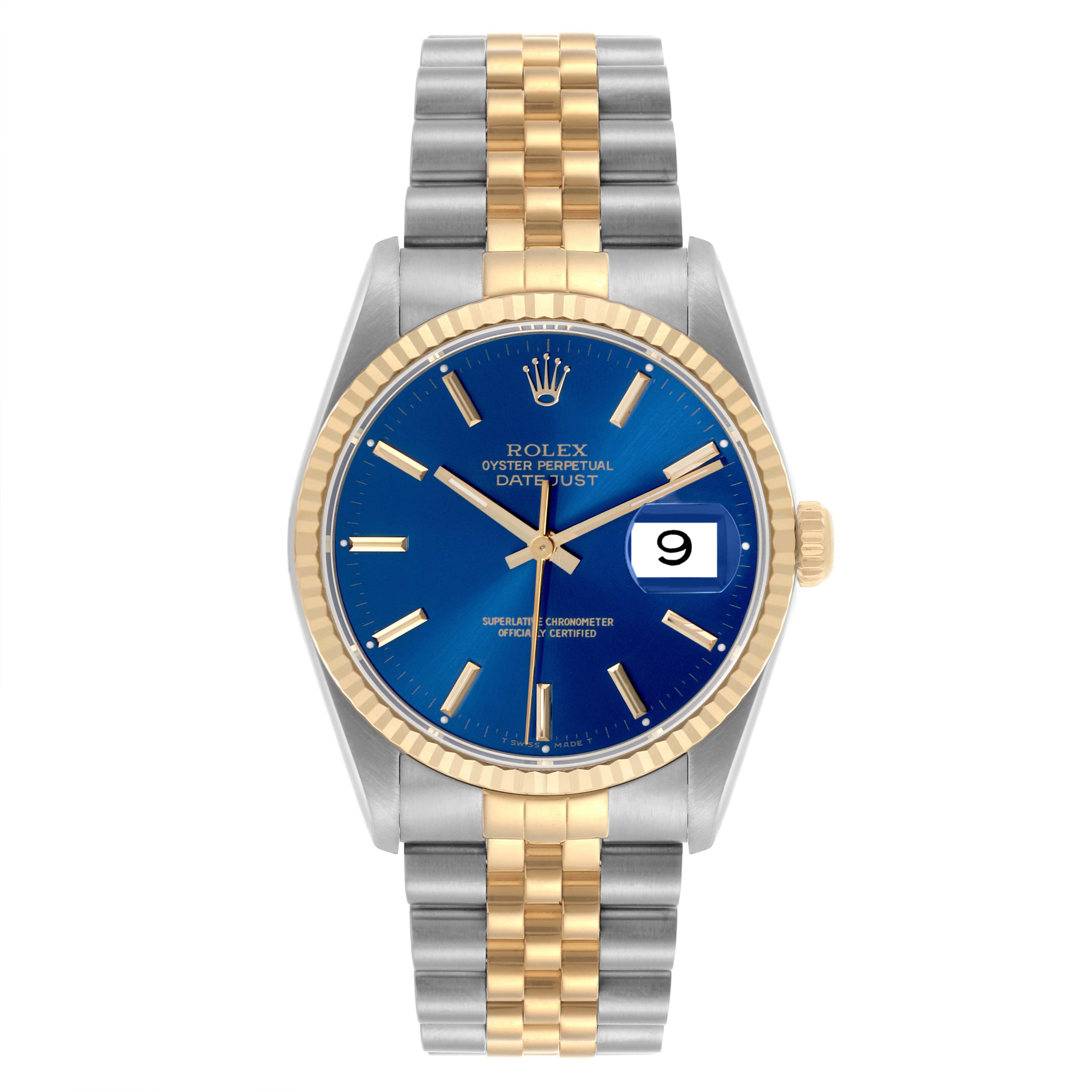 The Rolex Datejust 16233 Men's Steel and Gold (two tone) Blue Dial 16233 Men's Steel and Gold (two tone) Blue Dial watch is shown from a front angle, featuring its blue dial, date window, gold fluted bezel, and two-tone bracelet.
