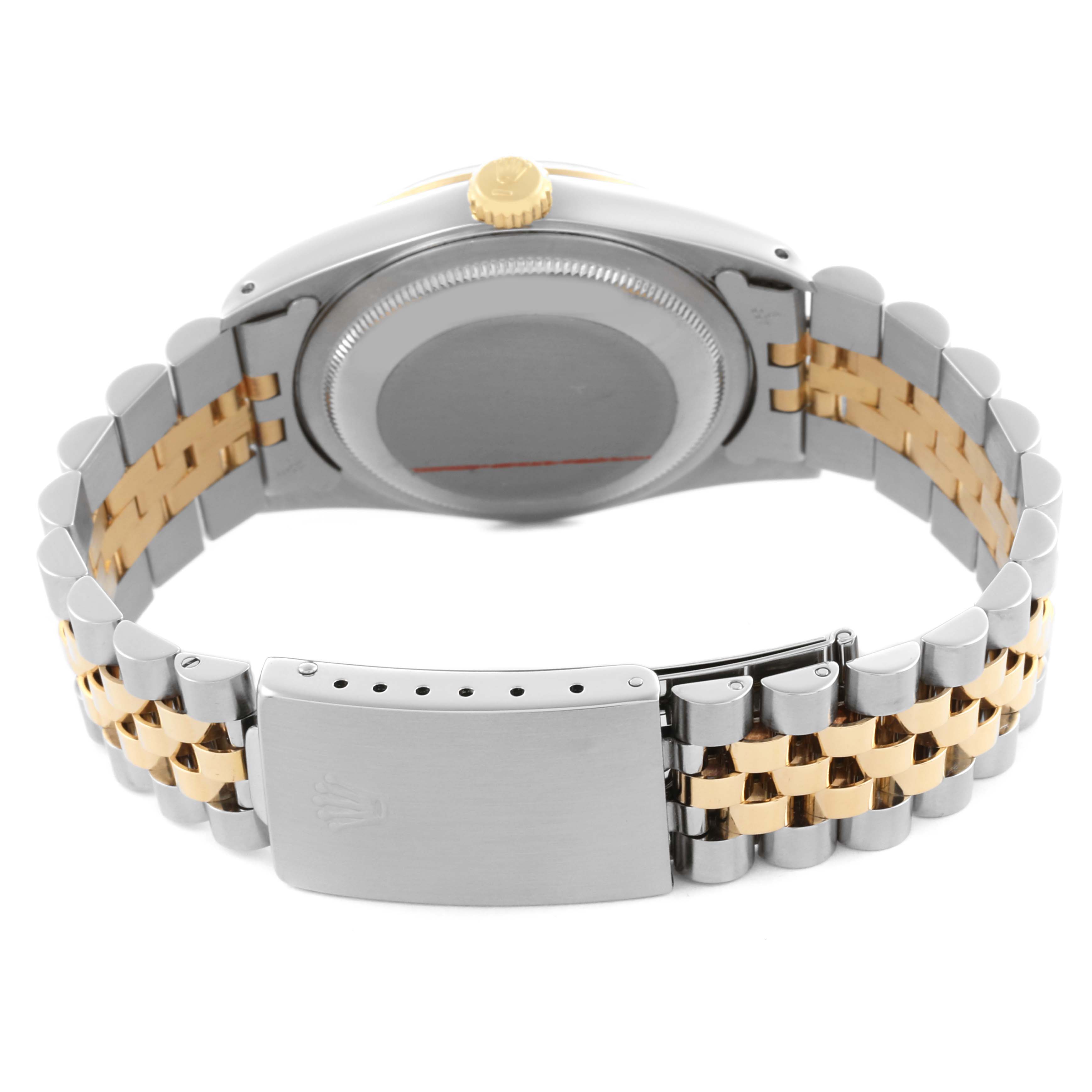 The image shows the back view of a Rolex Datejust 16233 Men's Steel and Gold (two tone) Blue Dial 16233 Men's Steel and Gold (two tone) Blue Dial, highlighting the case back, crown, and two-tone bracelet.