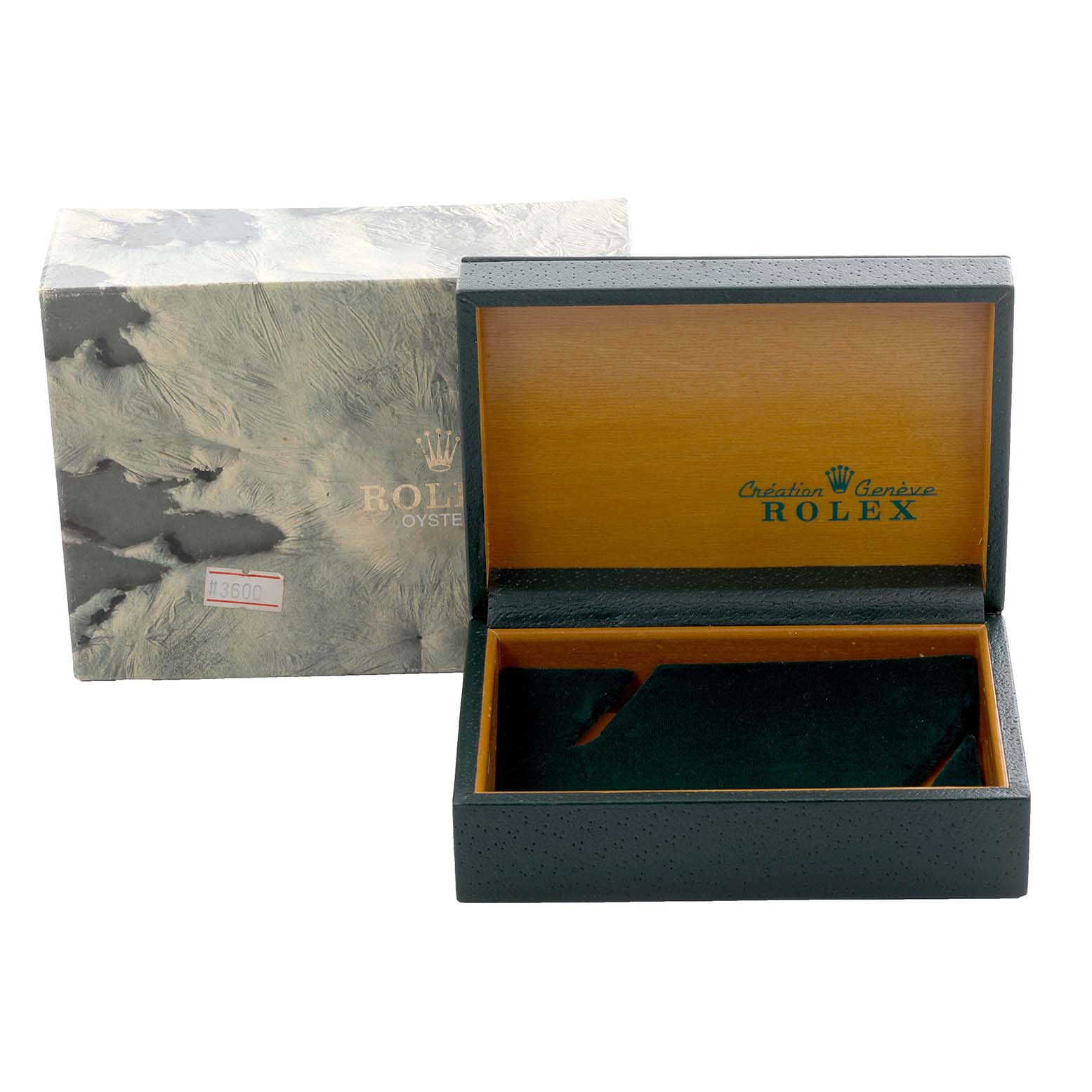 The image shows an open Rolex Datejust 16233 Men's Steel and Gold (two tone) Blue Dial 16233 Men's Steel and Gold (two tone) Blue Dial watch box with a decorative outer box, lid inscribed with "Creation Genève Rolex."