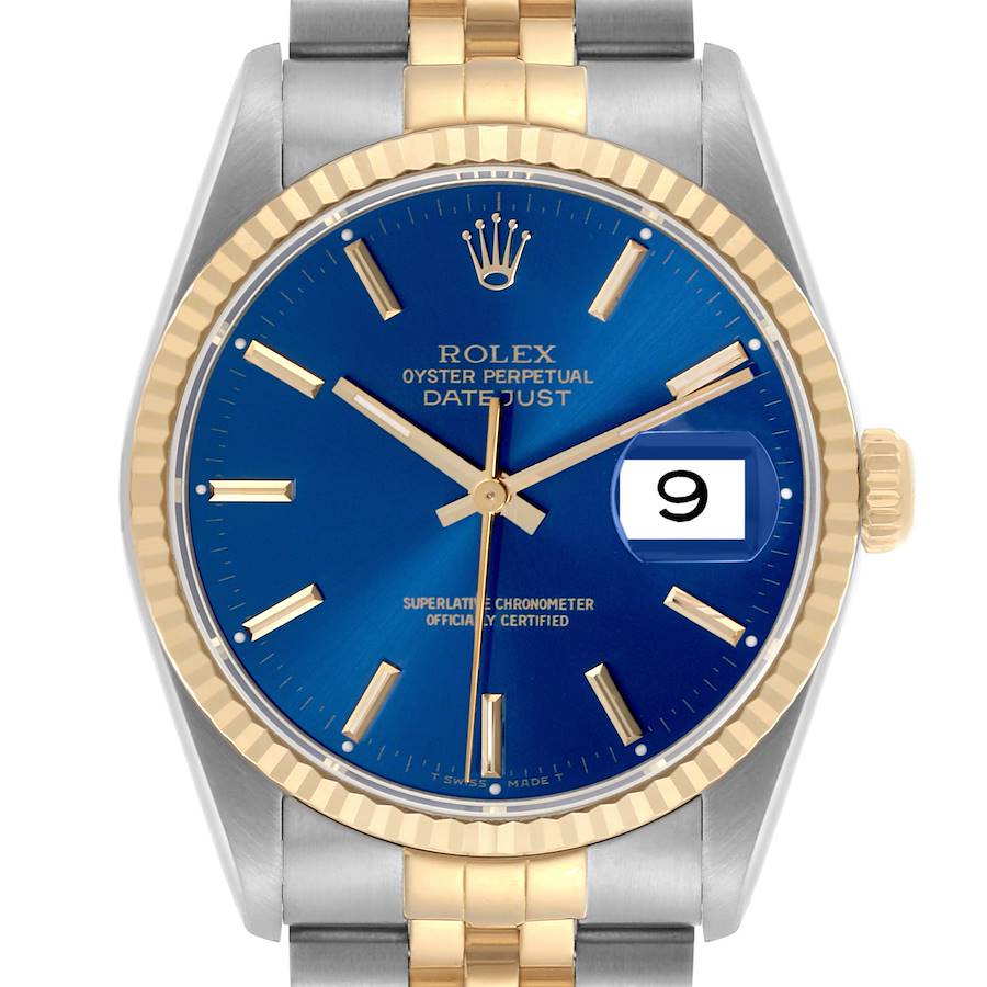 The image shows a frontal view of the Rolex Datejust, showcasing the blue dial, gold hour markers, bezel, and two-tone bracelet.