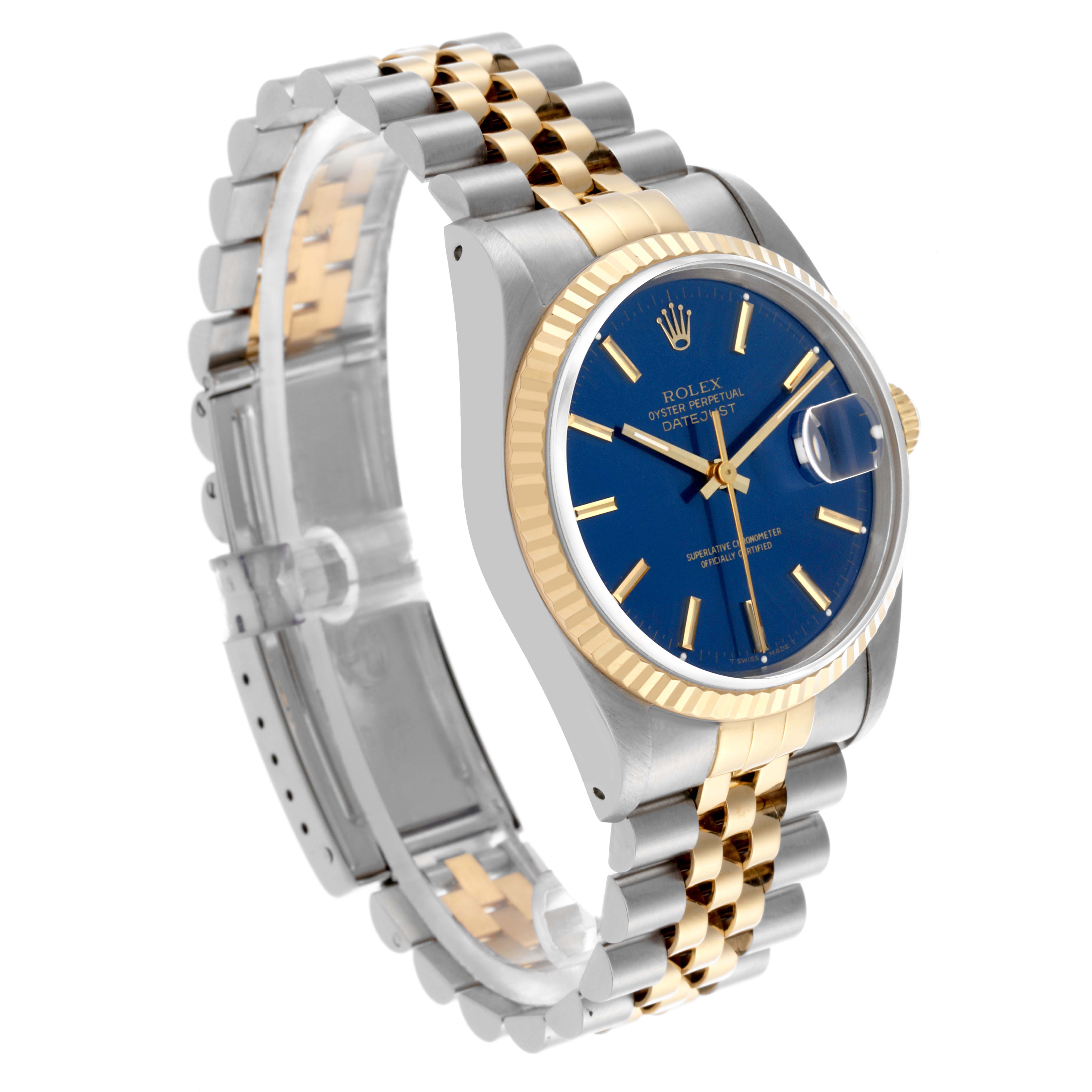 The Rolex Datejust 16233 Men's Steel and Gold (two tone) Blue Dial 16233 Men's Steel and Gold (two tone) Blue Dial watch is shown at a slight angle, highlighting the blue dial, gold fluted bezel, and two-tone Jubilee bracelet.